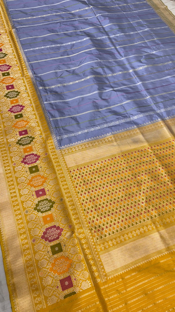 Blue Grey Banarasi Katan Silk Handwoven Saree