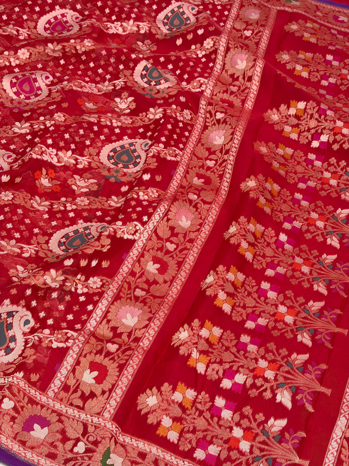 Red Pure Banarasi Kora Jamdani Saree