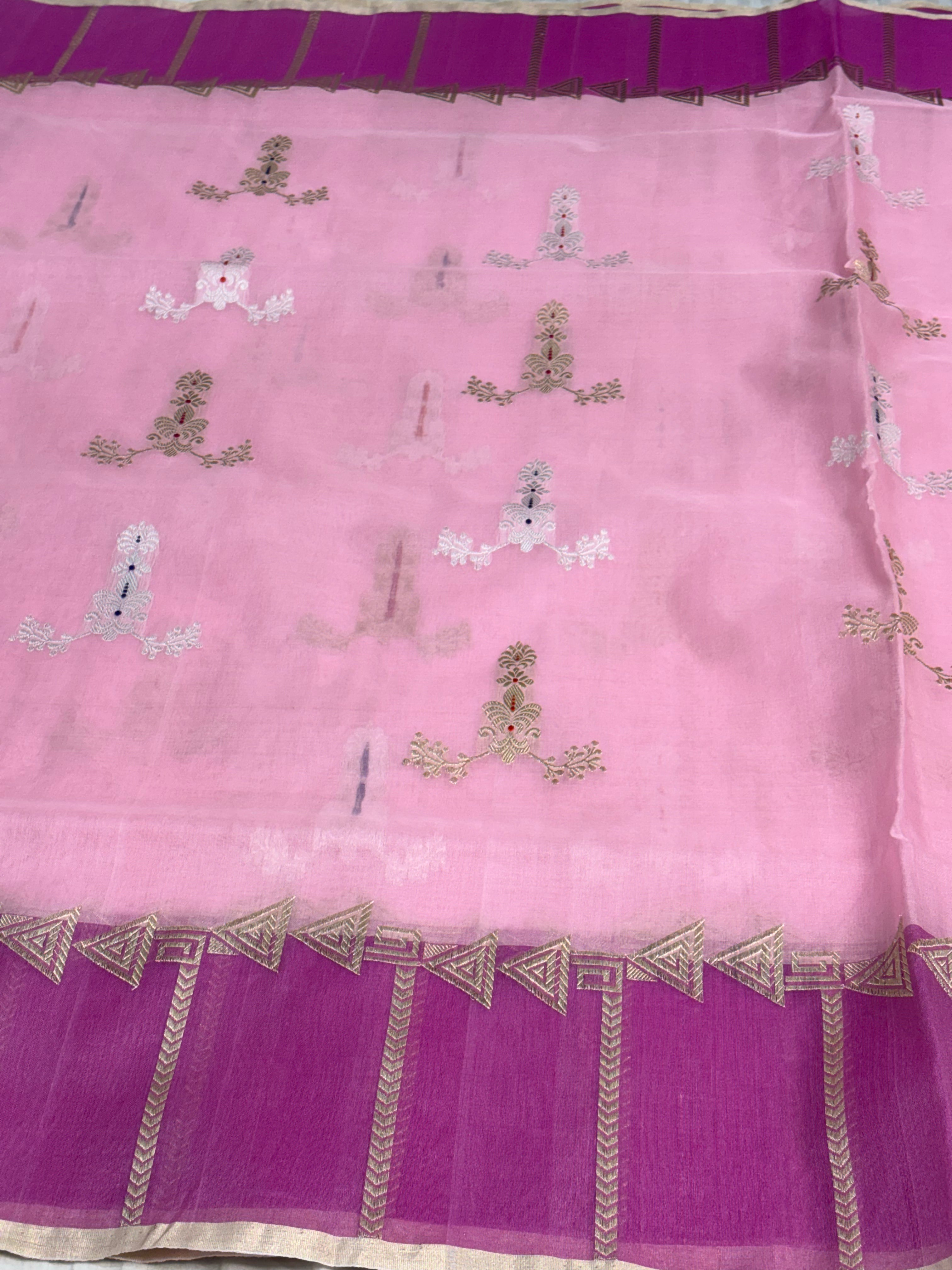 Baby Pink Pure Kora Banarasi Saree with Dark Contrast Designer Border