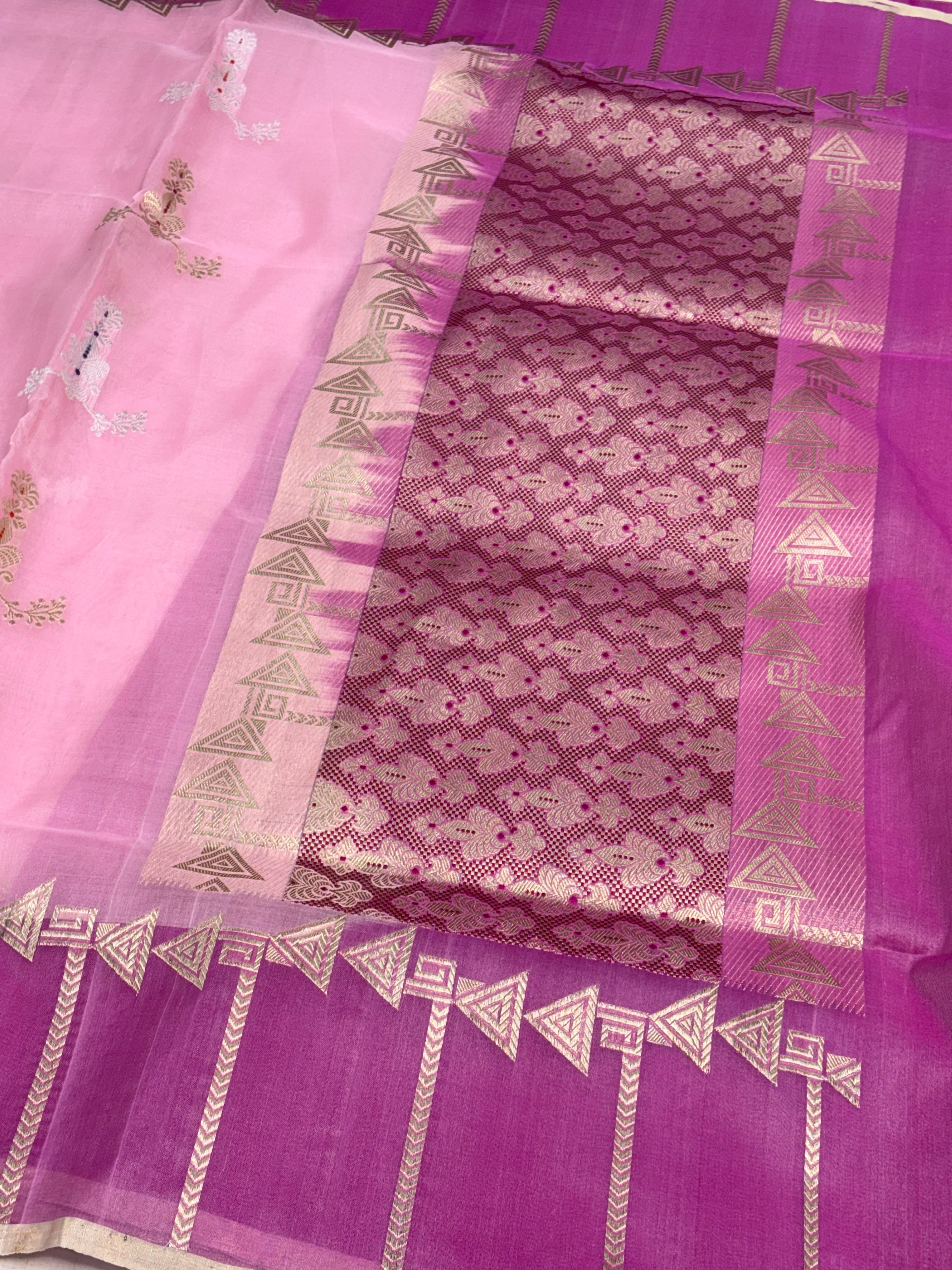 Baby Pink Pure Kora Banarasi Saree with Dark Contrast Designer Border