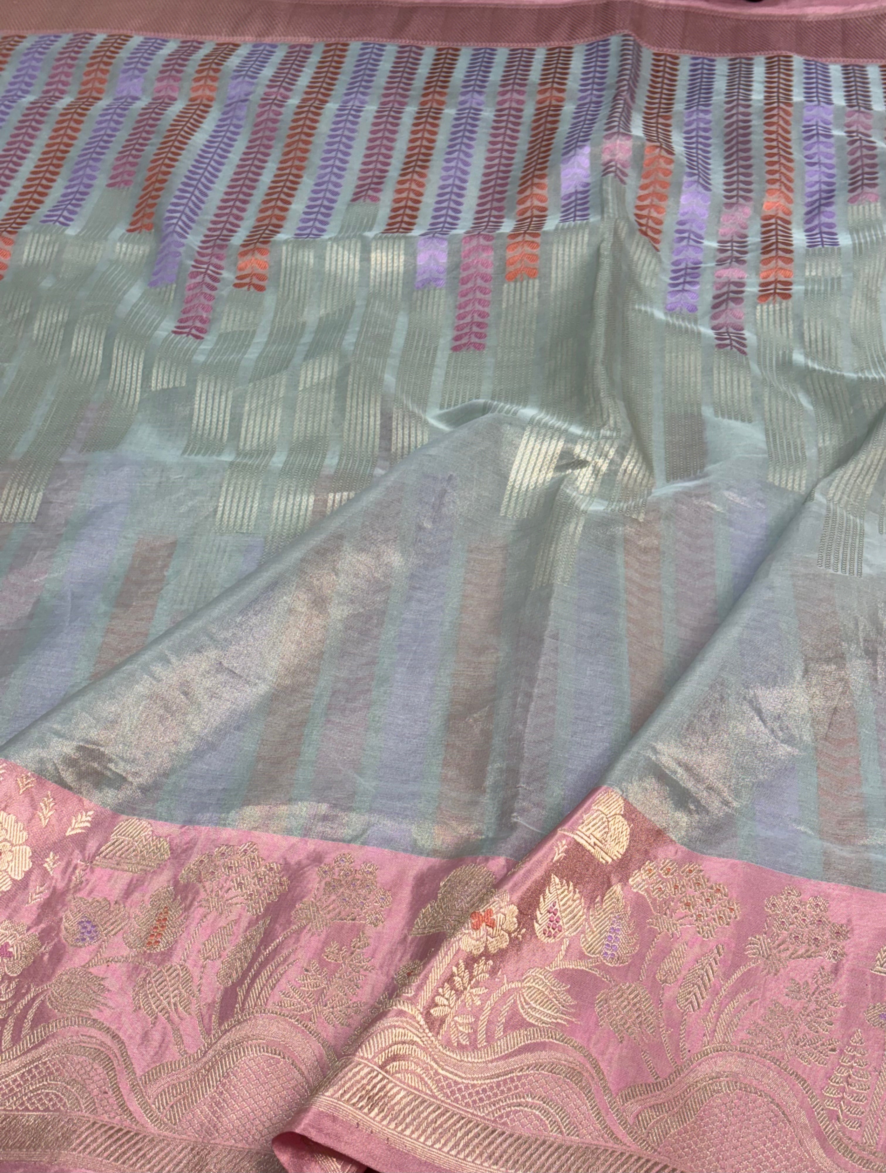 Grey Designer Tissue Handwoven Banarasi Saree with Baby Pink Katan Silk Border