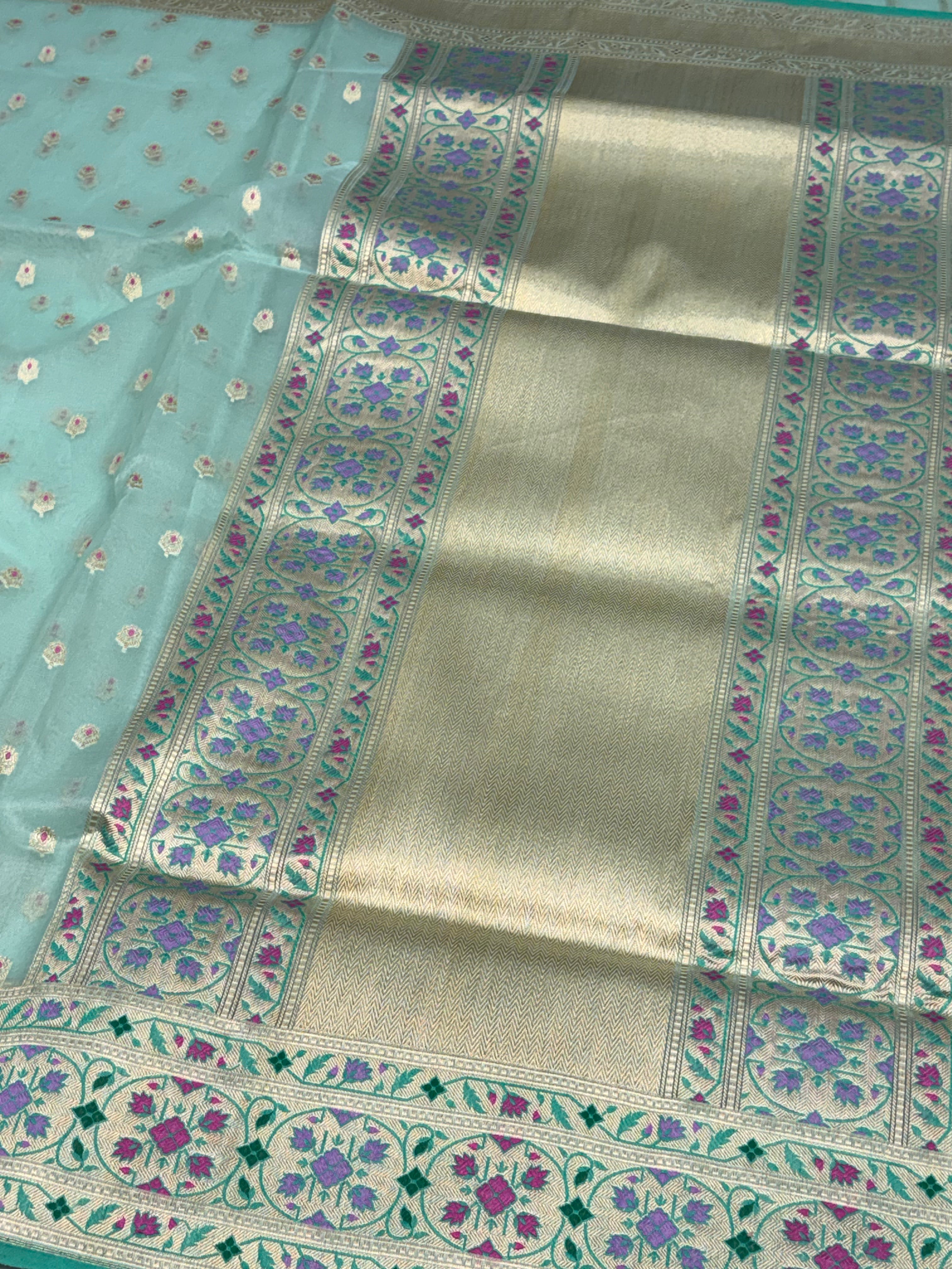 Sea Green Pure Kora Silk Handwoven Banarasi Saree with Meenakari Border and Pallu