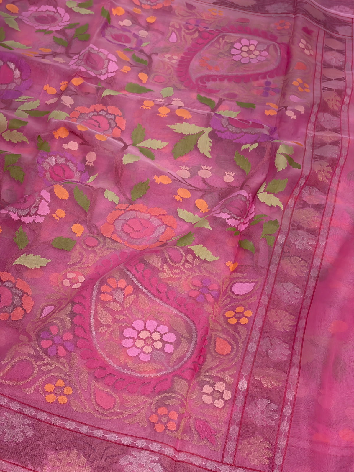 Baby Pink Handwoven Real Gold & Silver Kora Jamdani Saree