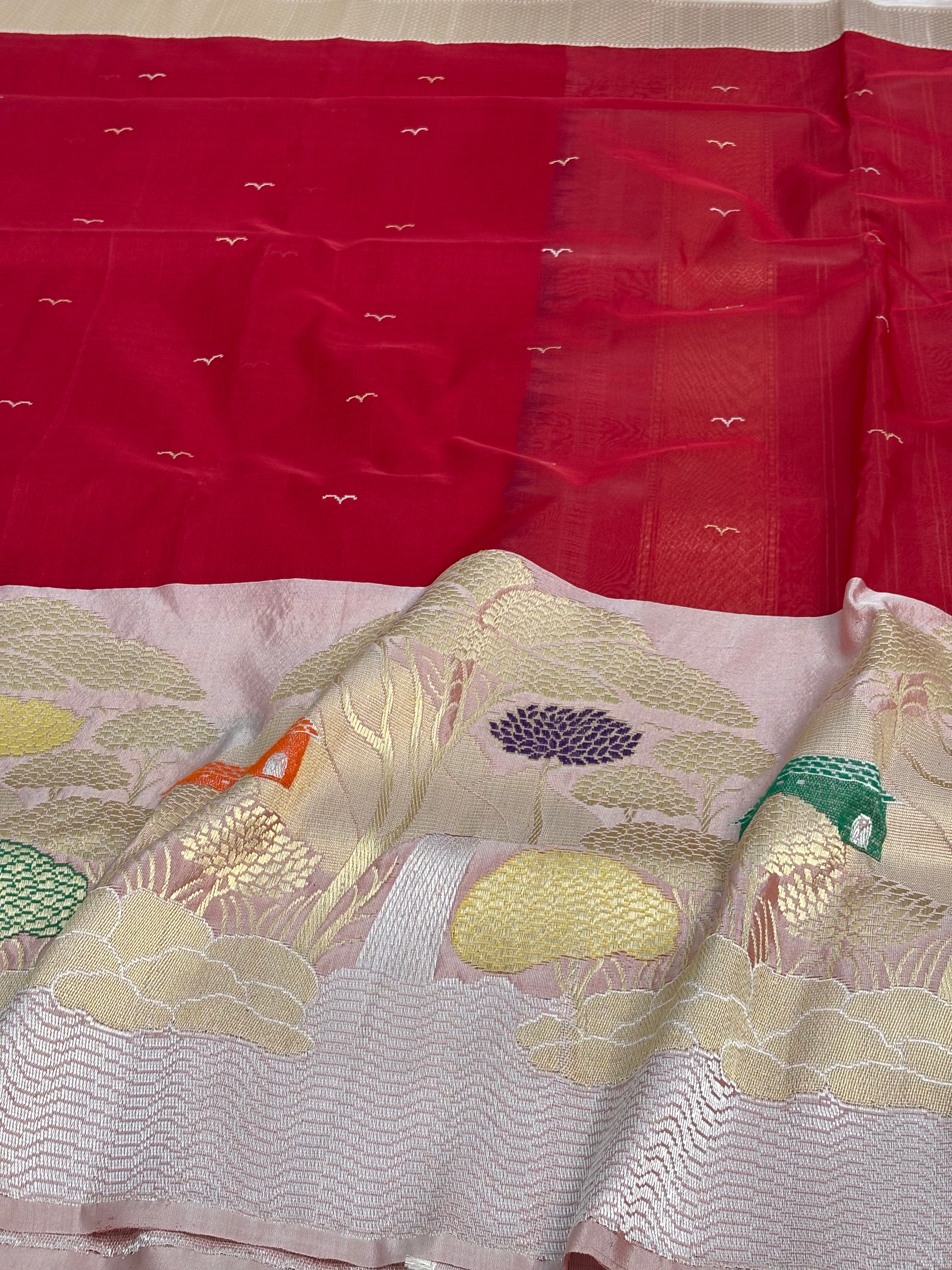Red Pure Kora Silk Handwoven Banarasi Saree with Baby Pink Meenakari Border