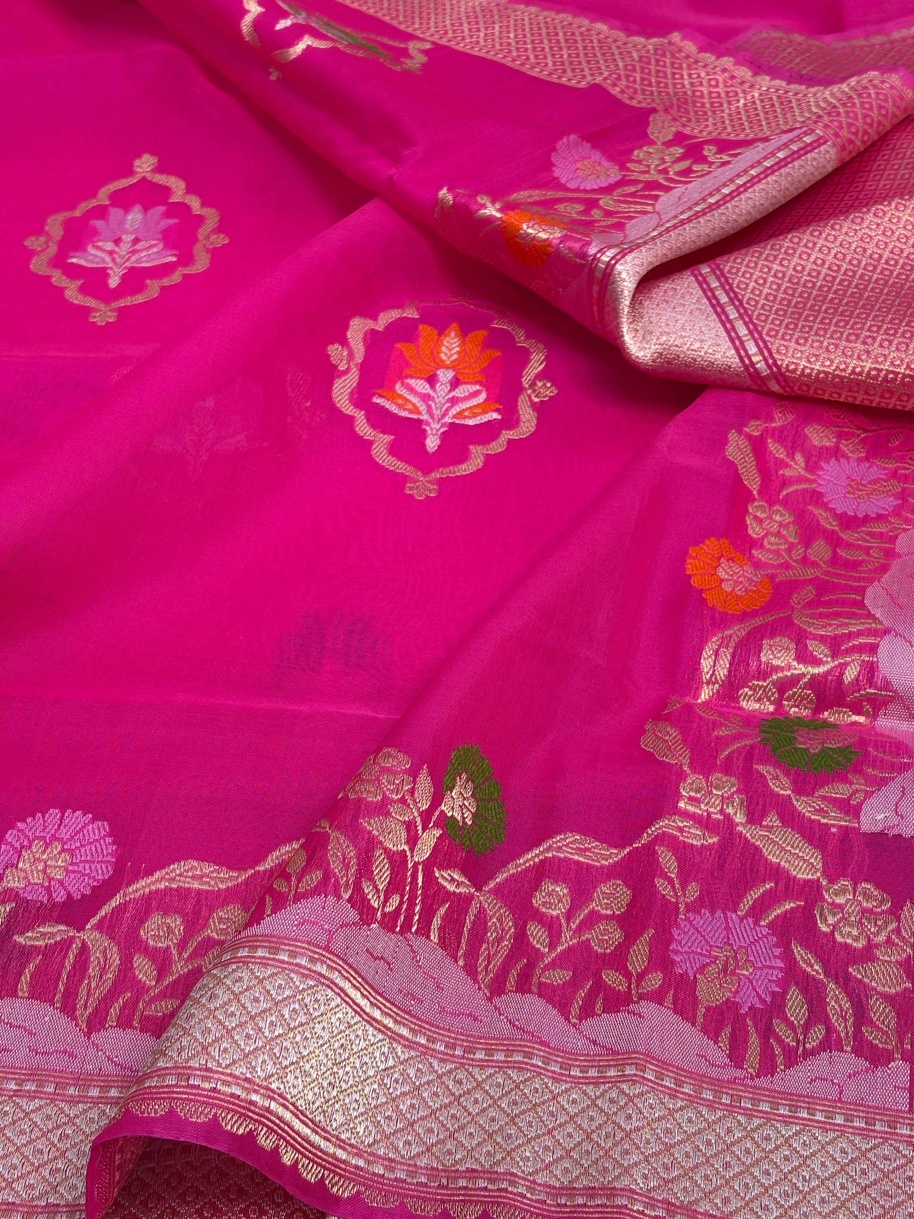 Pink Banarasi Kora Silk Saree Meenakari skirt weaving with a Katan silk border