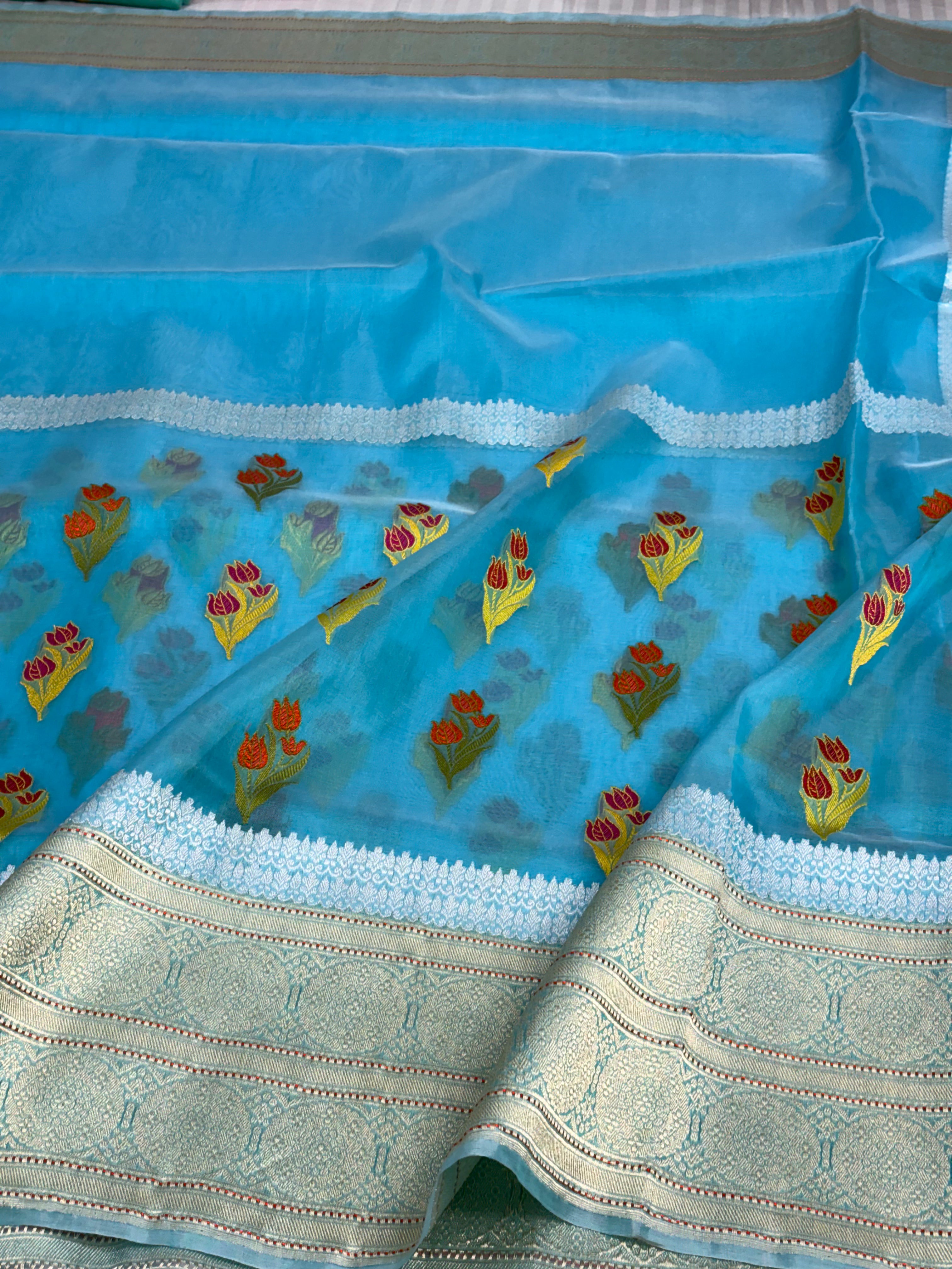 Sky Blue Kora Banarasi Handwoven Saree