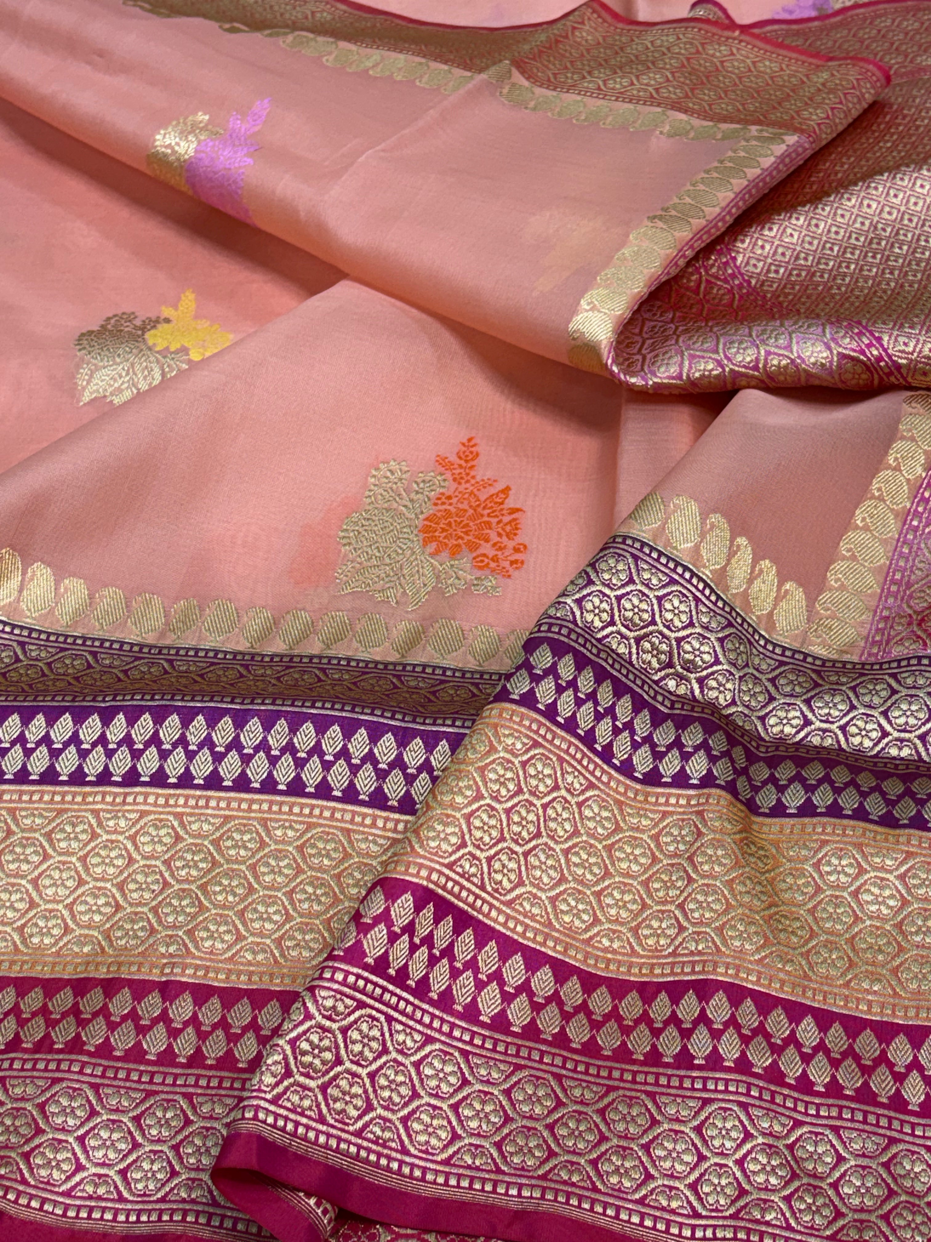 Baby Pink Kora Banarasi Kadhiyal Pure Katan Silk Border Saree