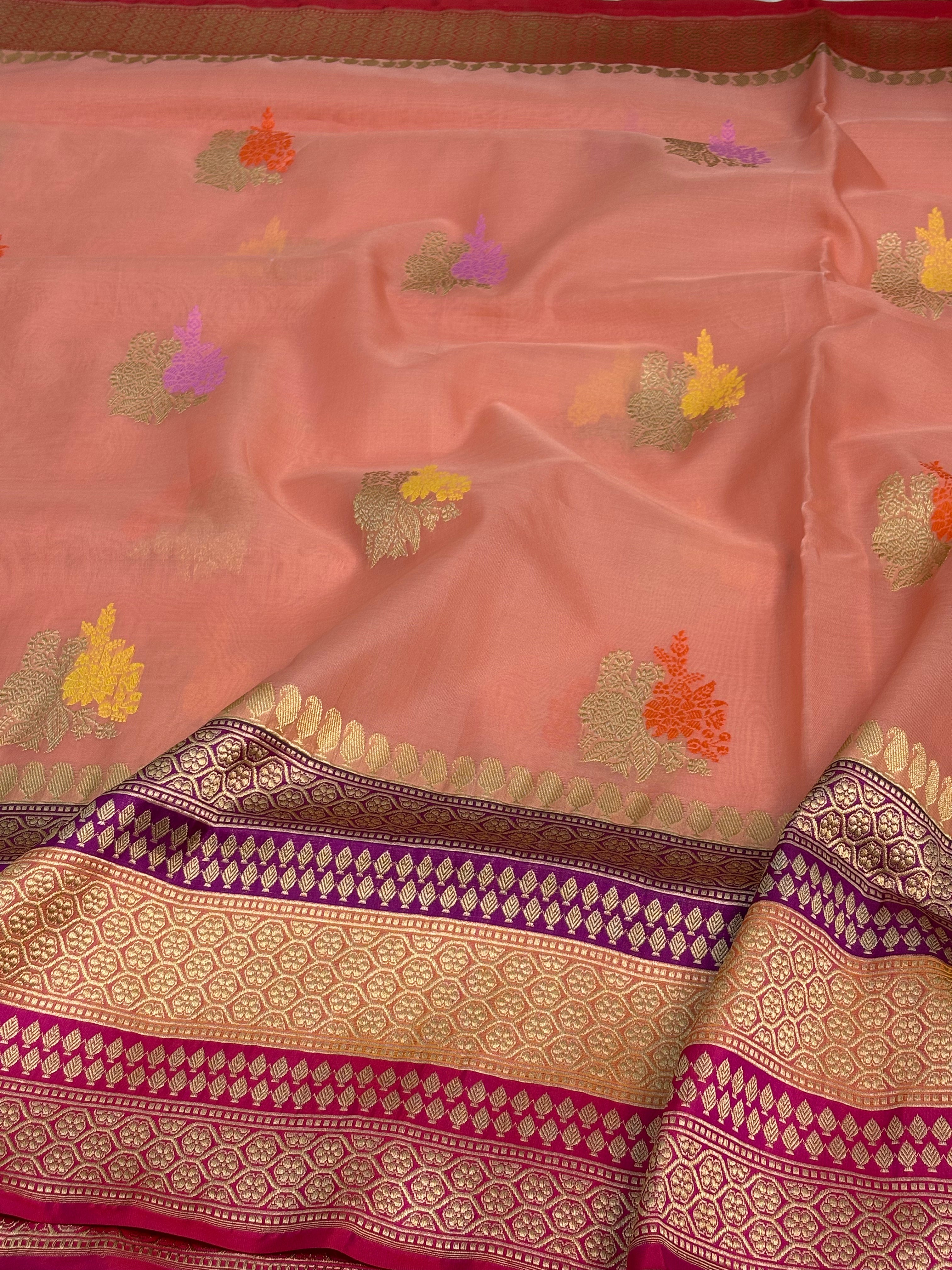 Baby Pink Kora Banarasi Kadhiyal Pure Katan Silk Border Saree