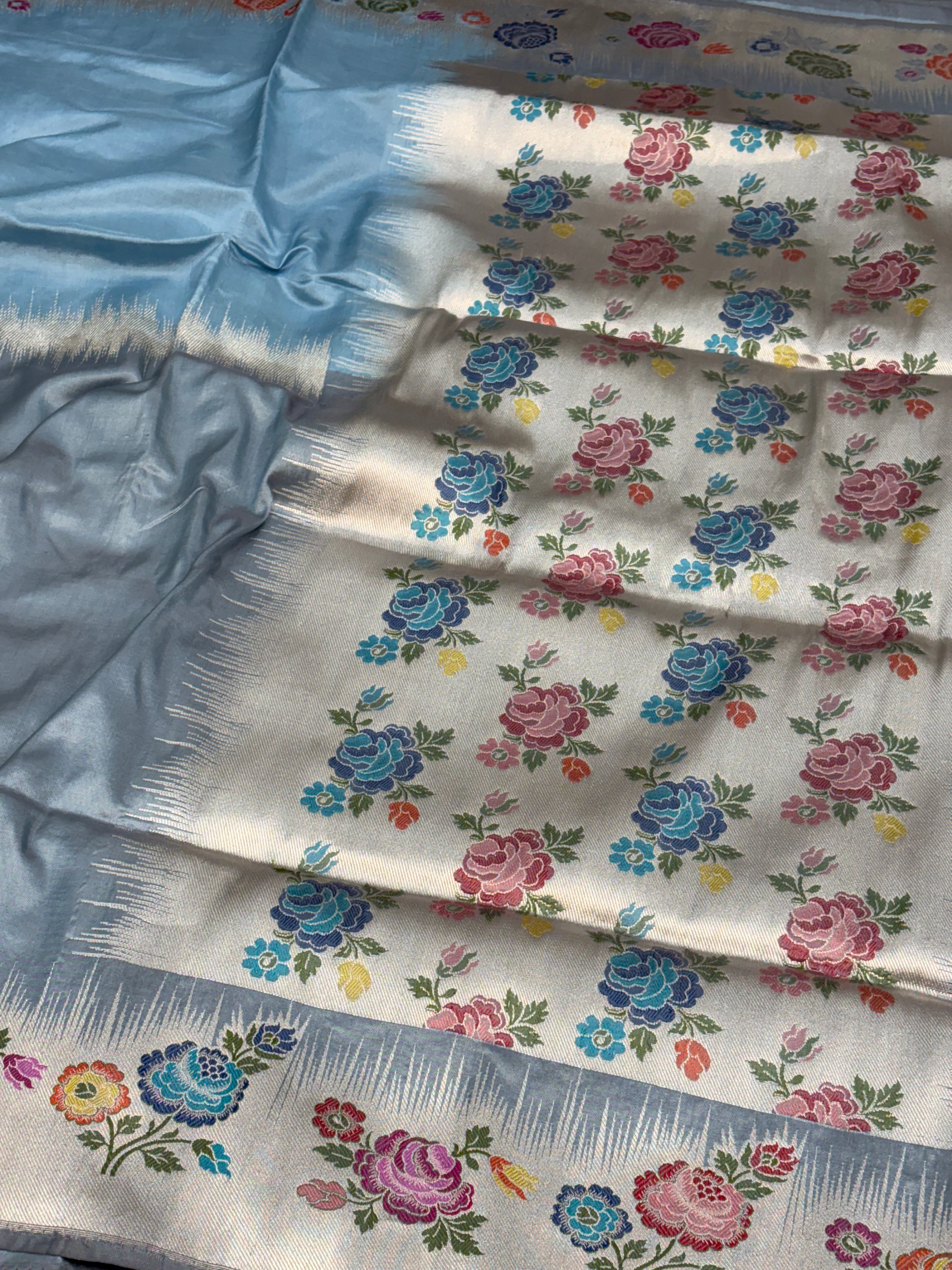 Greyish Sky Blue Banarasi Handwoven Pure Katan Silk Saree