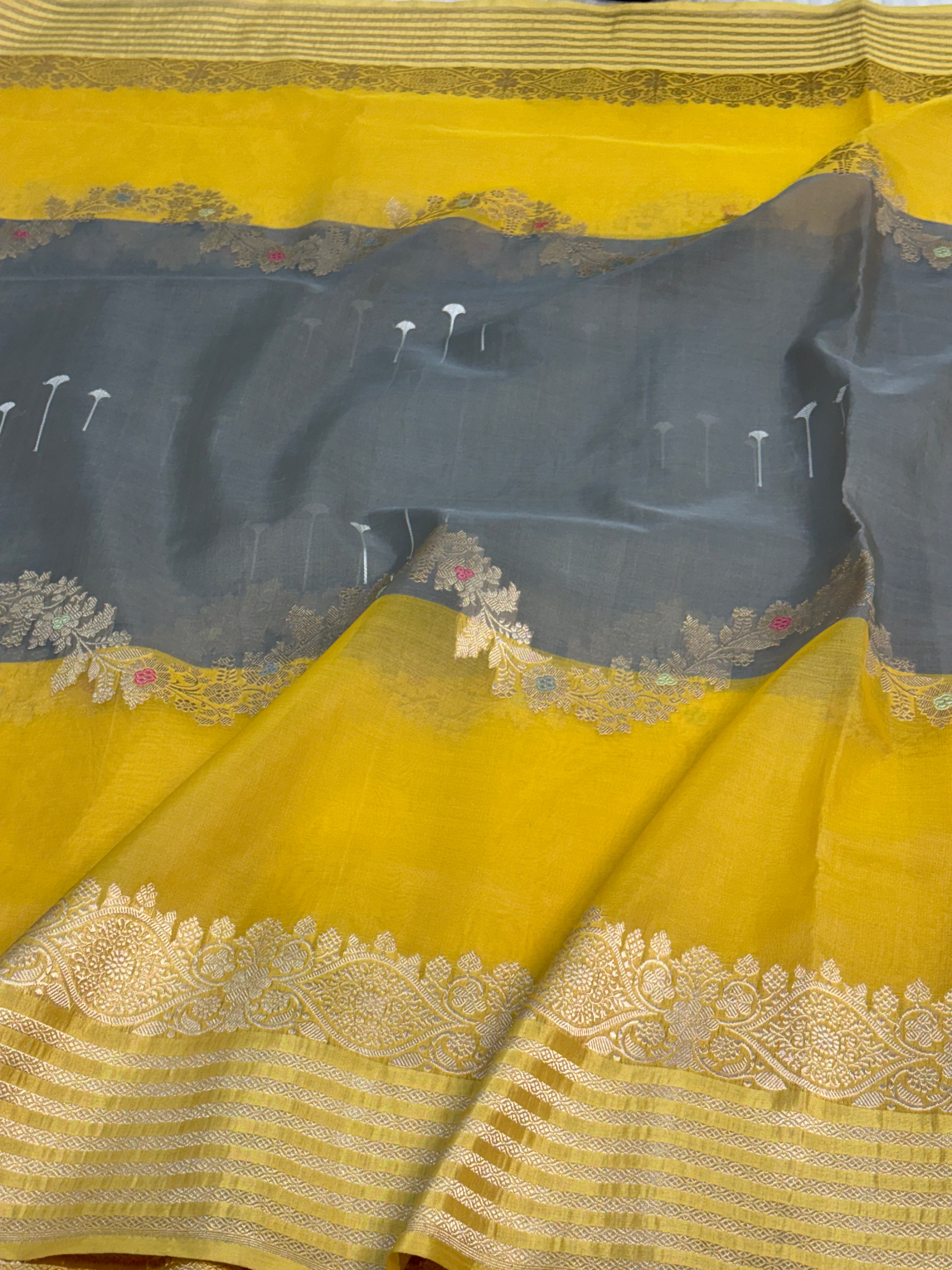 Grey and Yellow Designer Banarasi Pure Kora Silk Saree