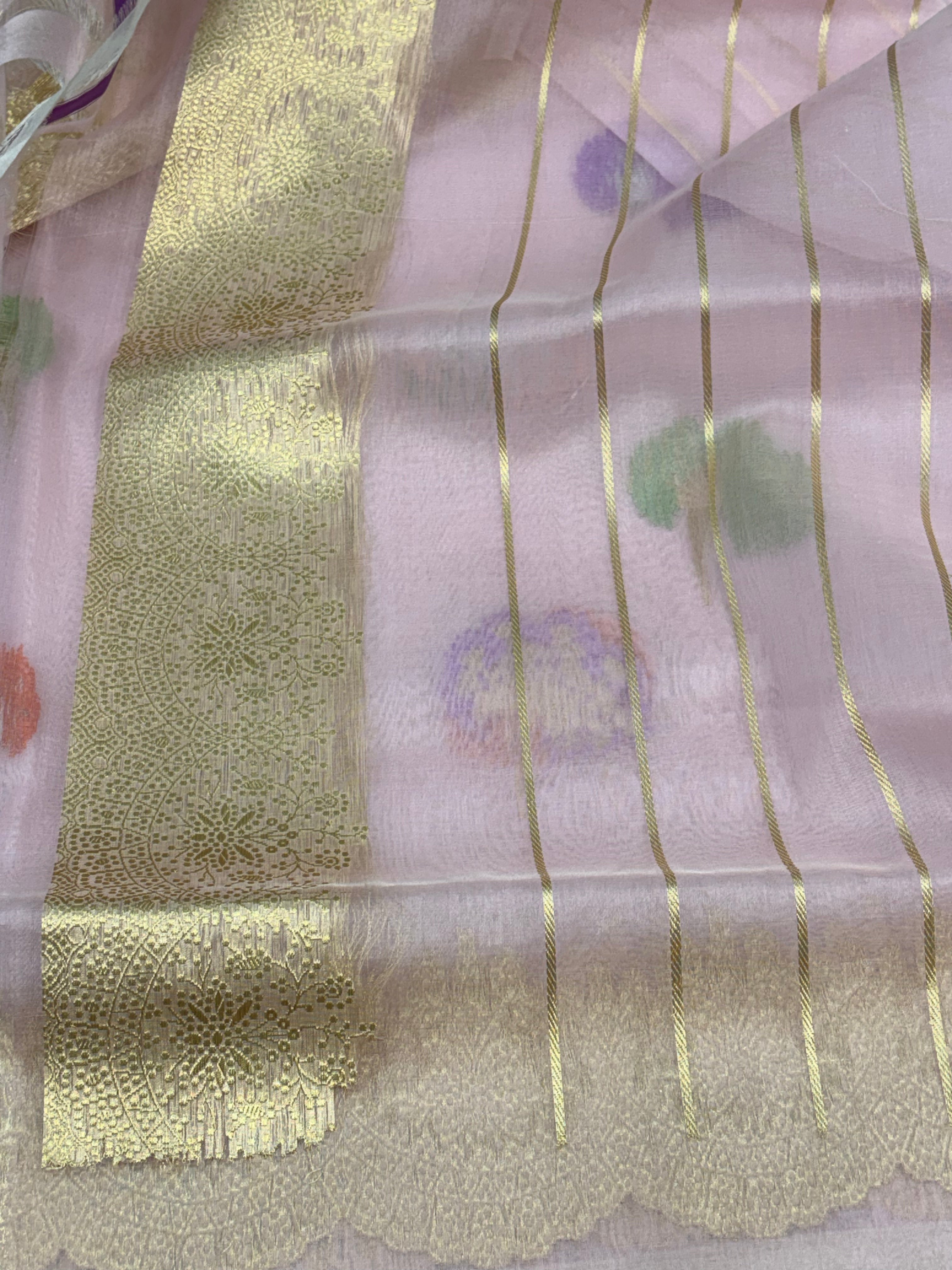 Baby Pink Banarasi Kora Meenakari Buta Saree
