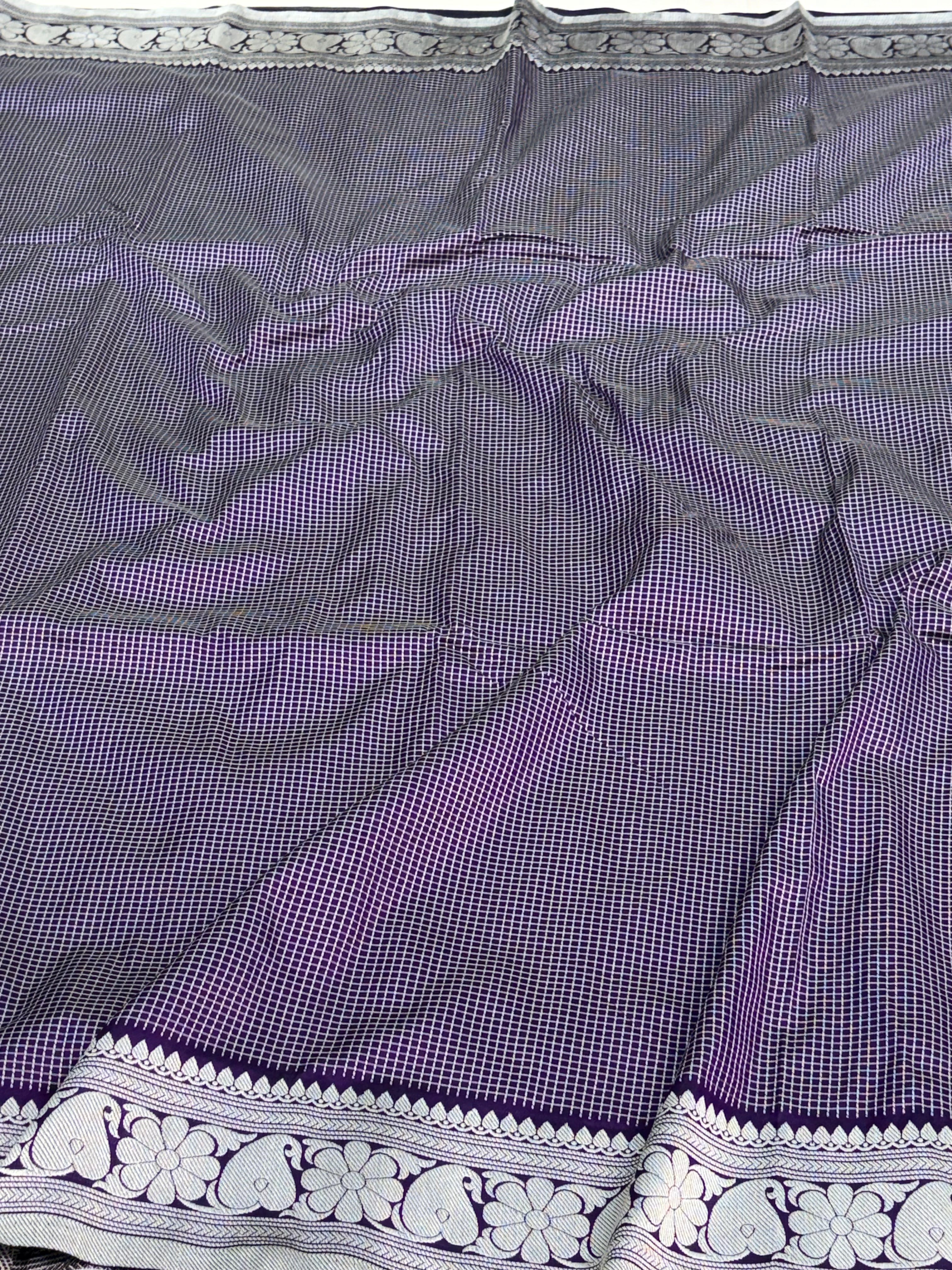 Purple Checks Silver Zari Handwoven Banarasi Saree