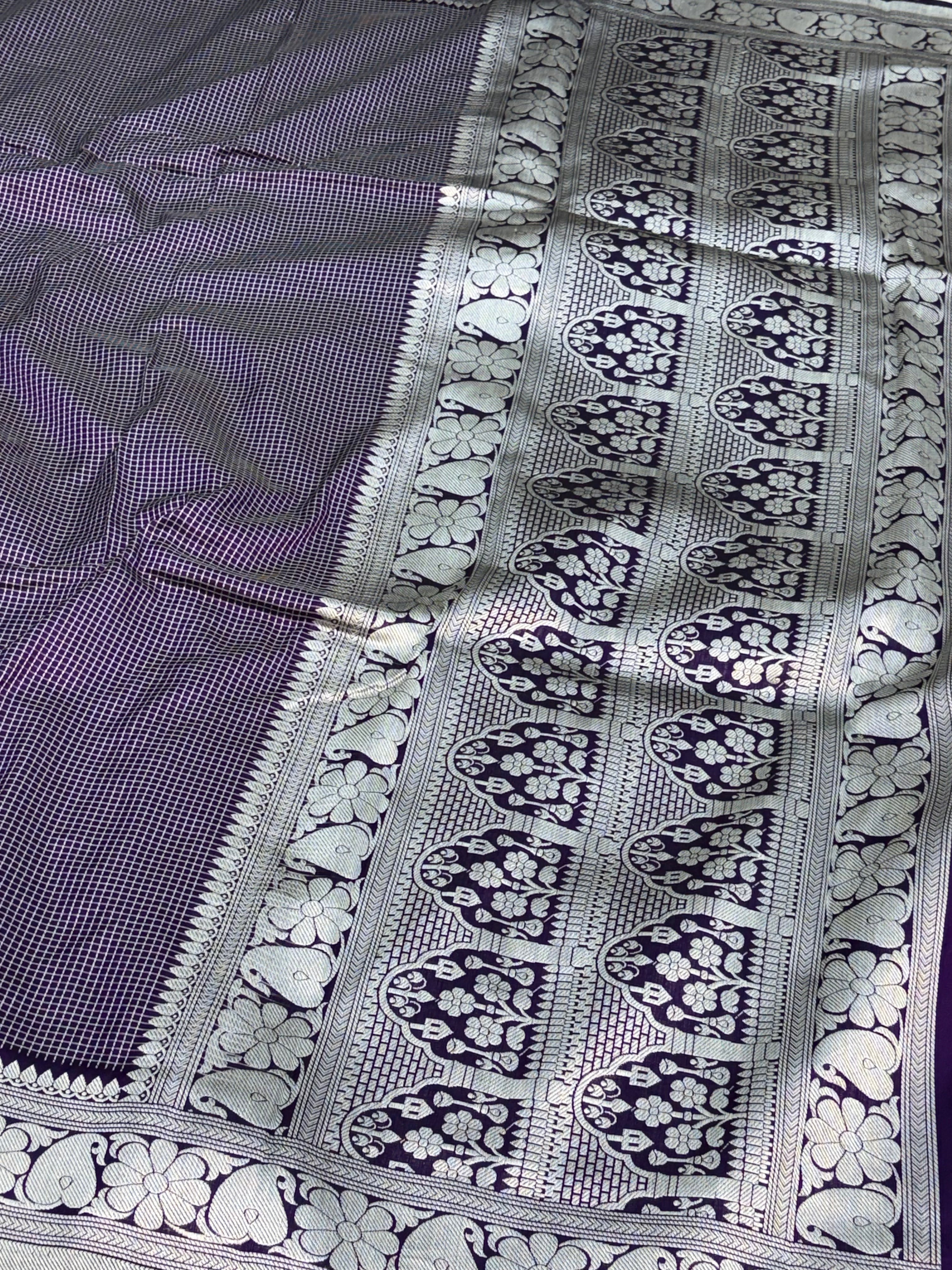 Purple Checks Silver Zari Handwoven Banarasi Saree