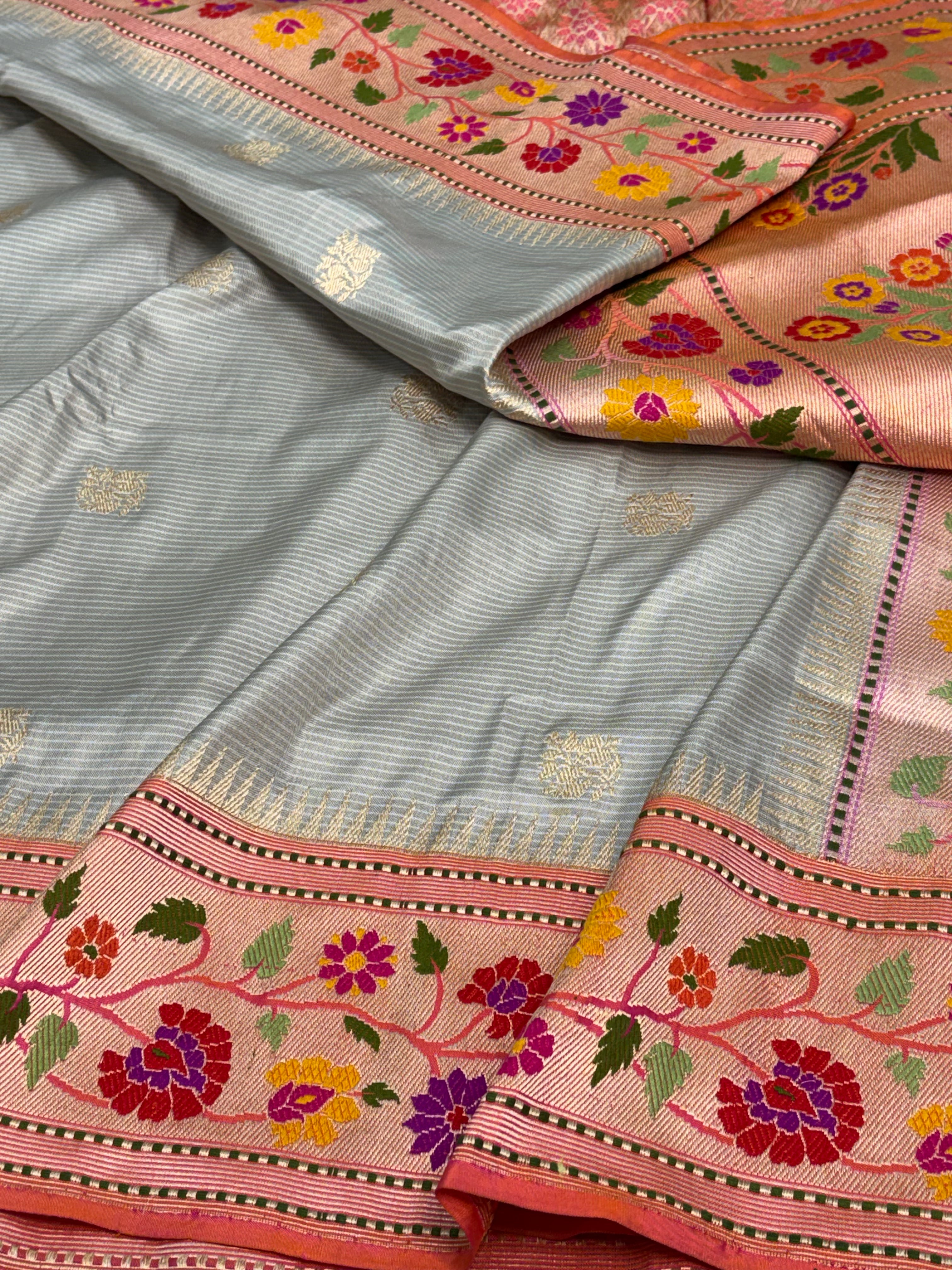 Handwoven Grey Banarasi Saree with Pink Kadhiyal Meenakari Katan Silk Paithani border