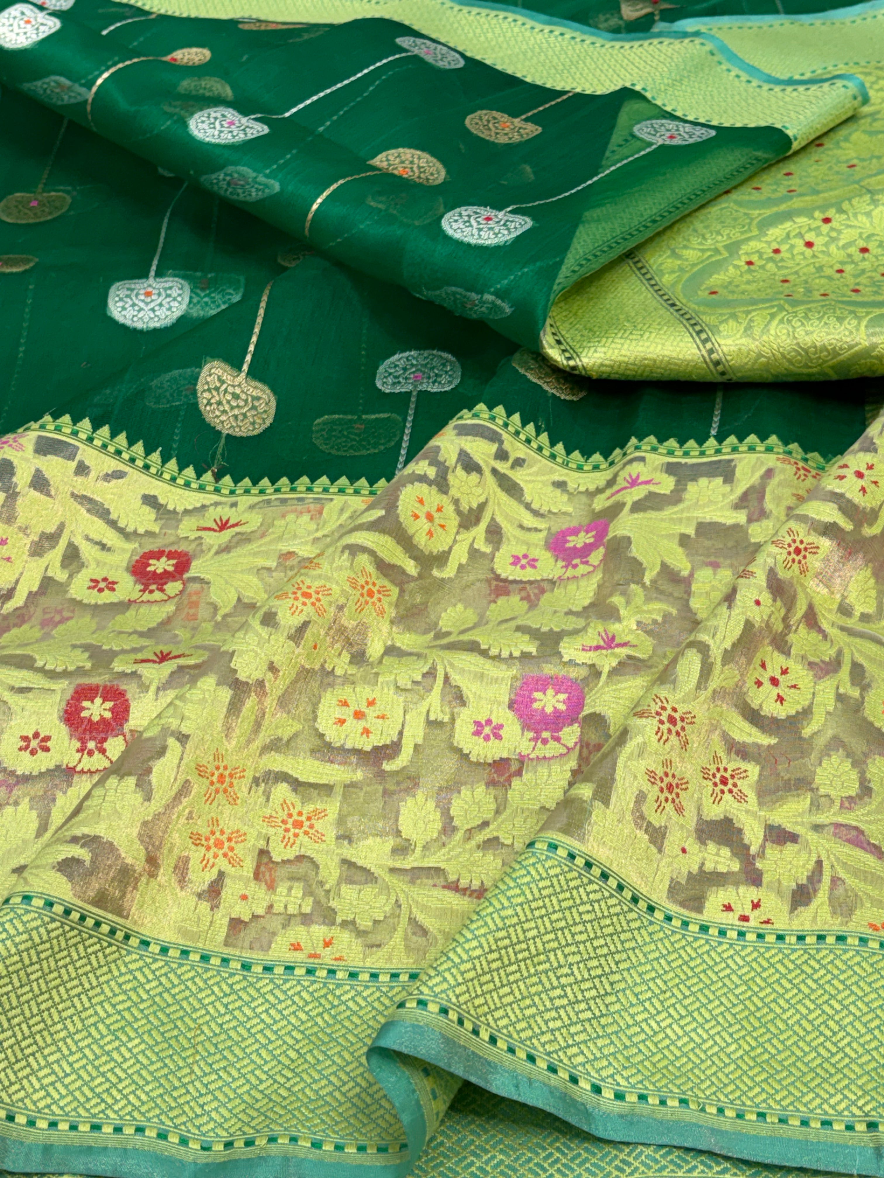 Bottle Green Banarasi Pure Kora Iktara Saree
