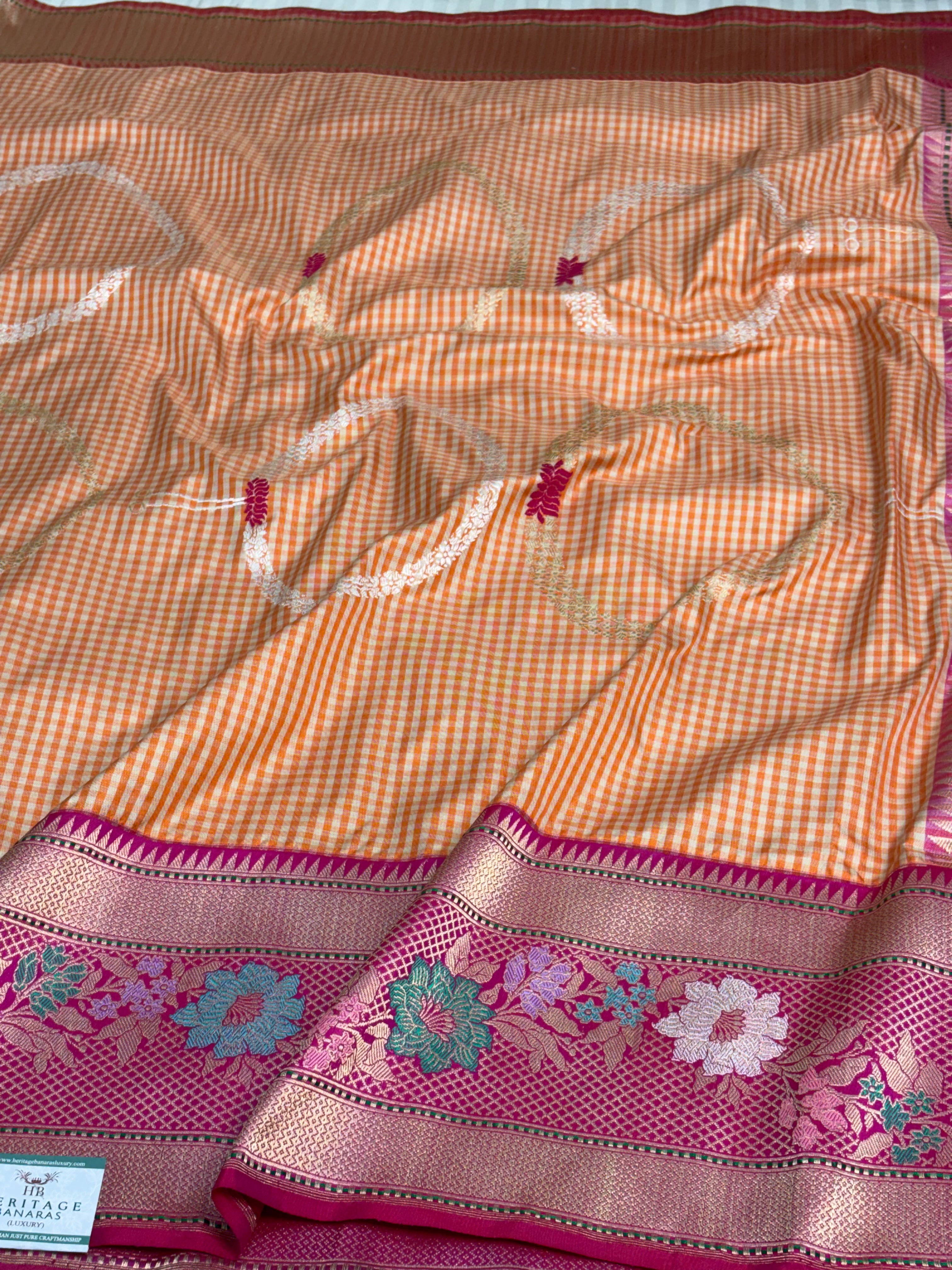 Modern Banarasi Orange Checks Pure Katan Silk Saree