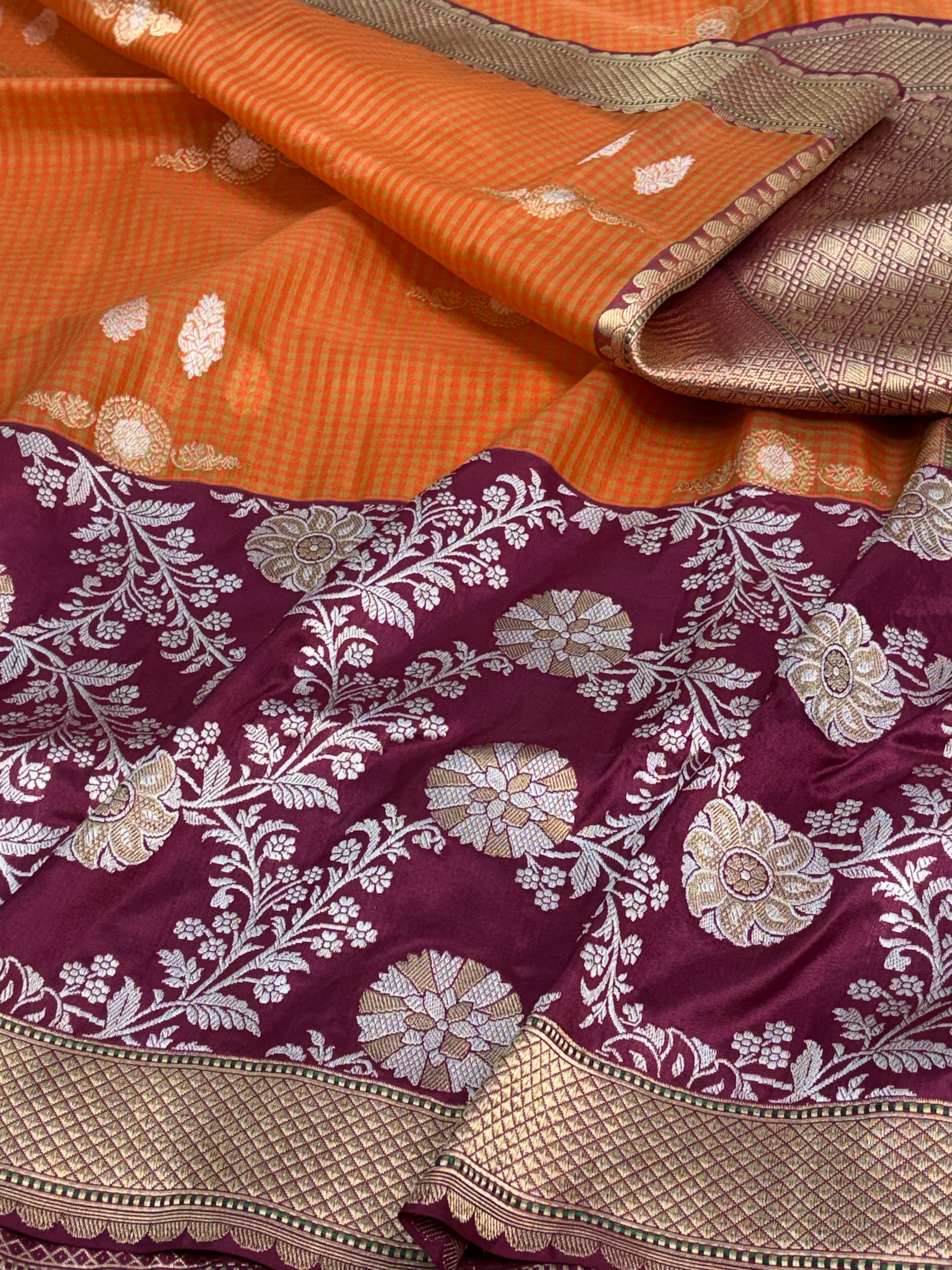 Orange Checks Banarasi Saree and Red Kadhiyal Katan Silk Jaal Border