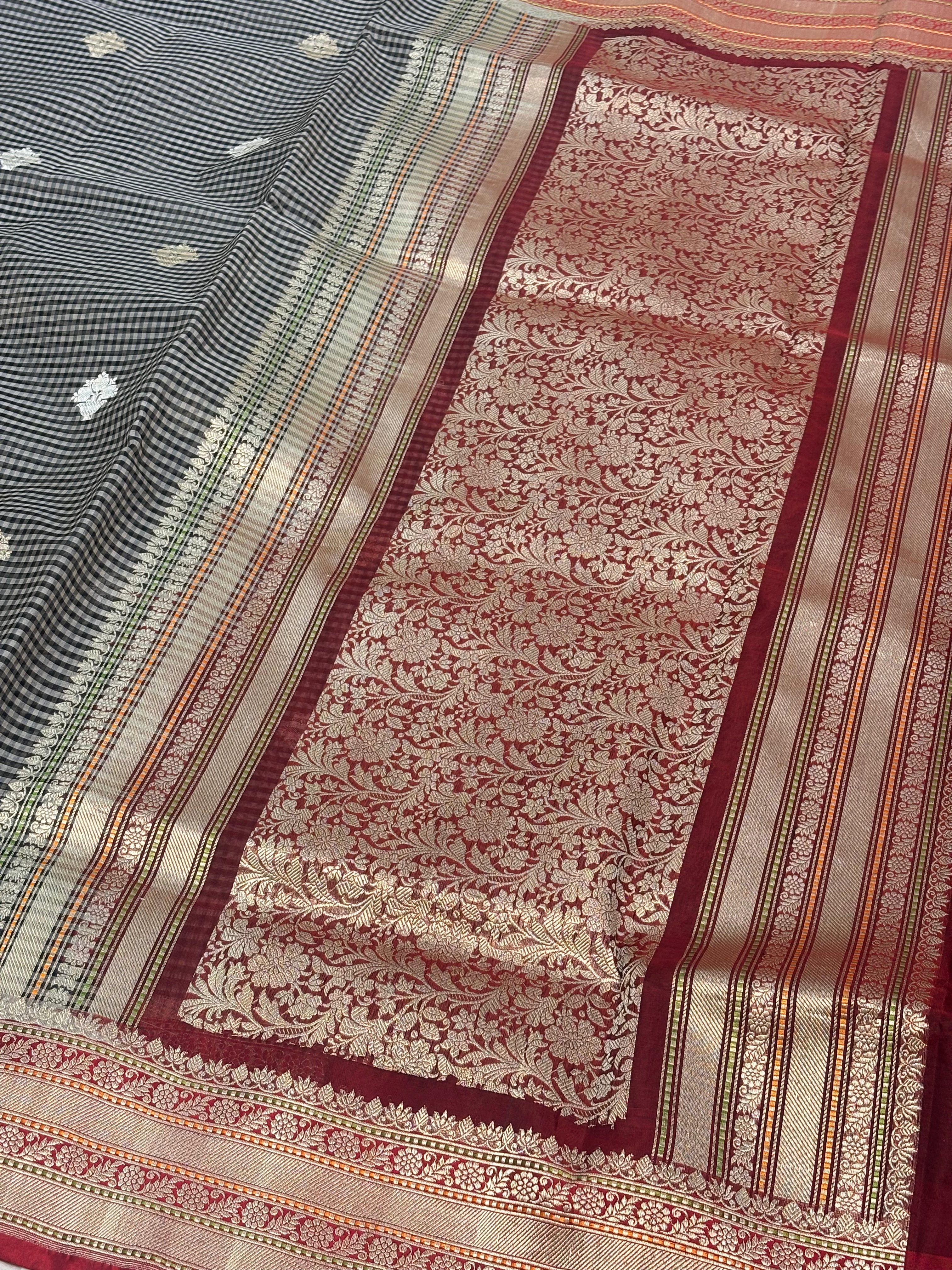 Modern Checks Banarasi Saree with Red Katan Silk Border Weaving