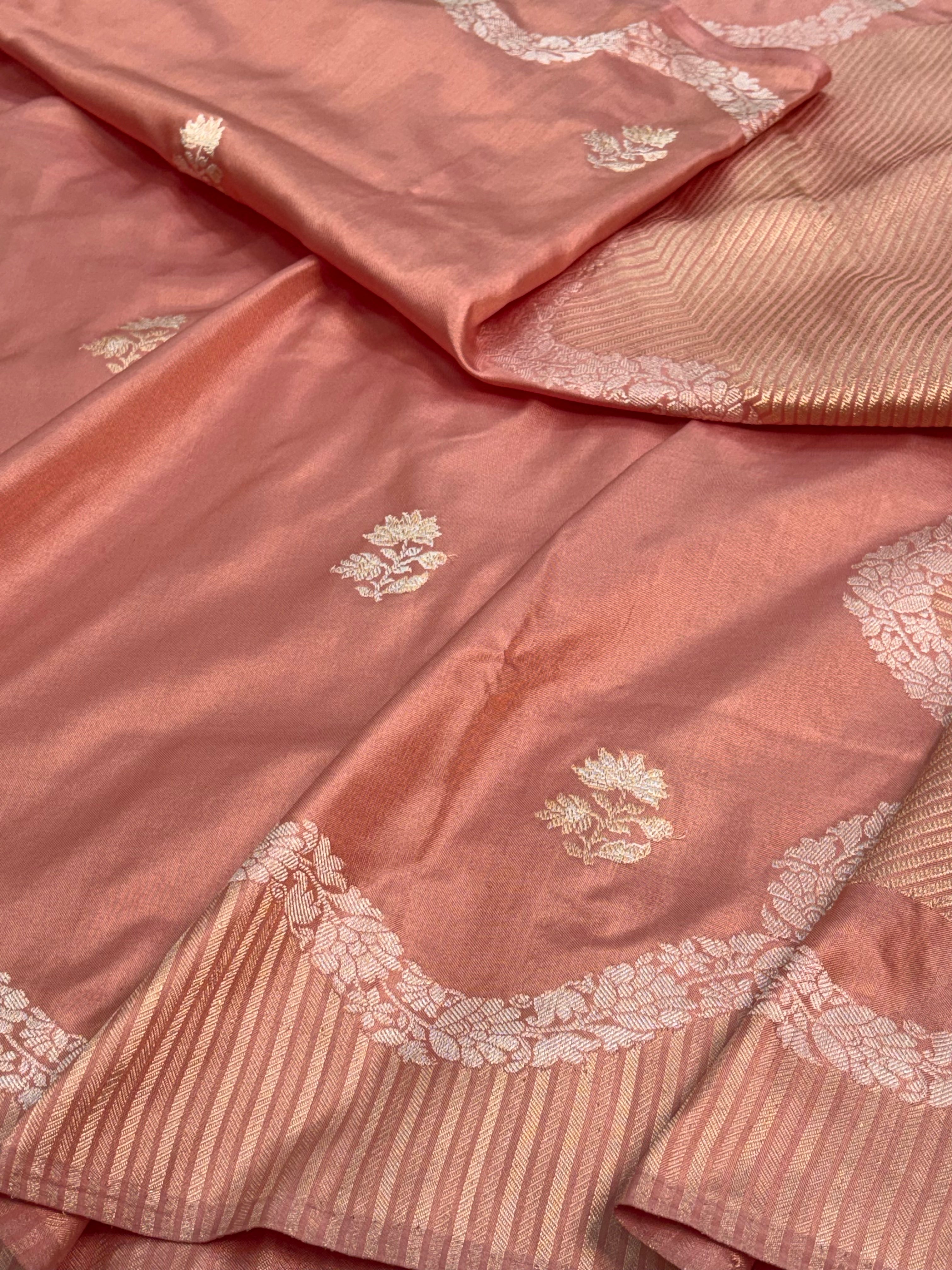 Peach Banarasi Pure Katan Silk Iktara Meenakari Buta Weaving Saree