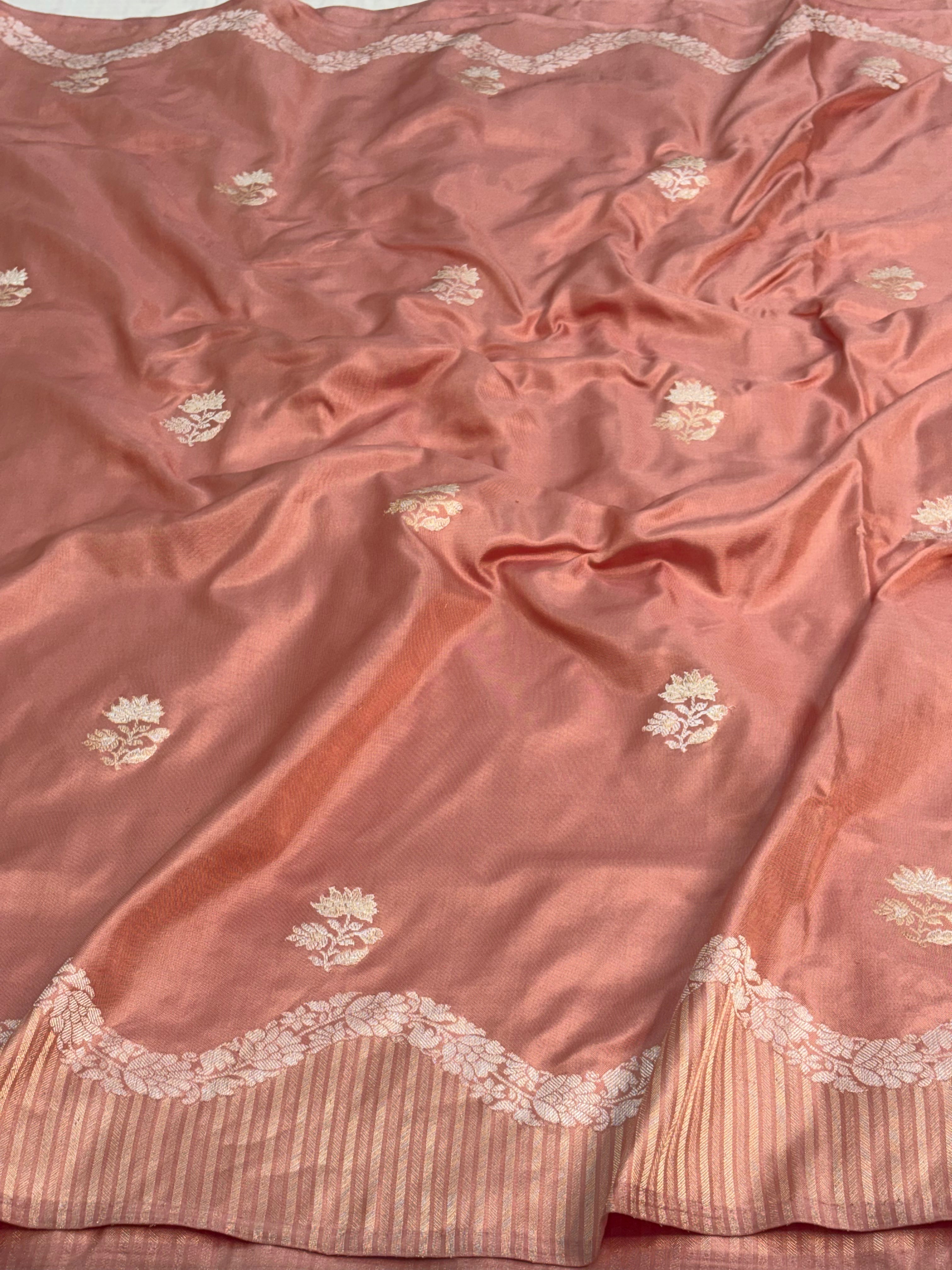 Peach Banarasi Pure Katan Silk Iktara Meenakari Buta Weaving Saree