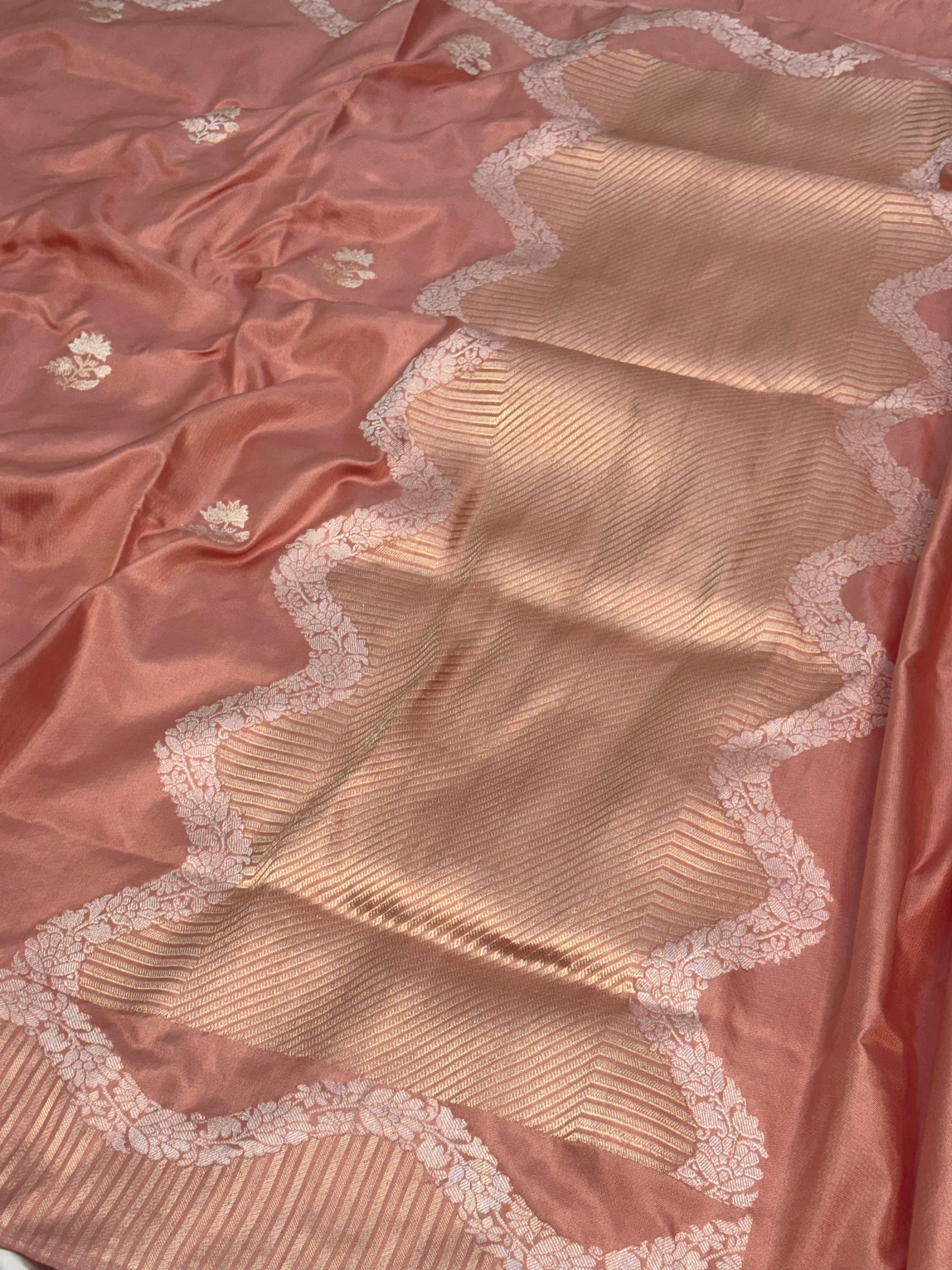 Peach Banarasi Pure Katan Silk Iktara Meenakari Buta Weaving Saree