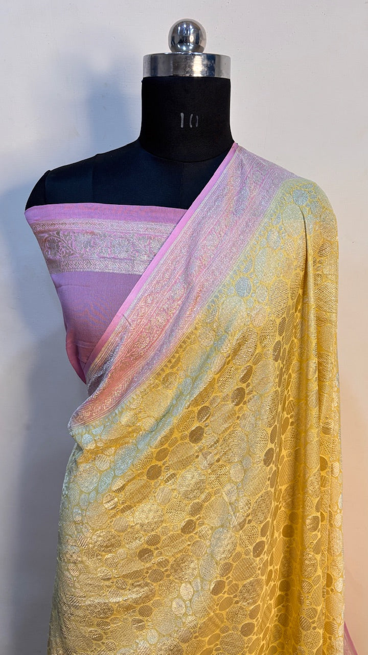Butter Yellow Banarasi Pure Chiffon Silk Saree