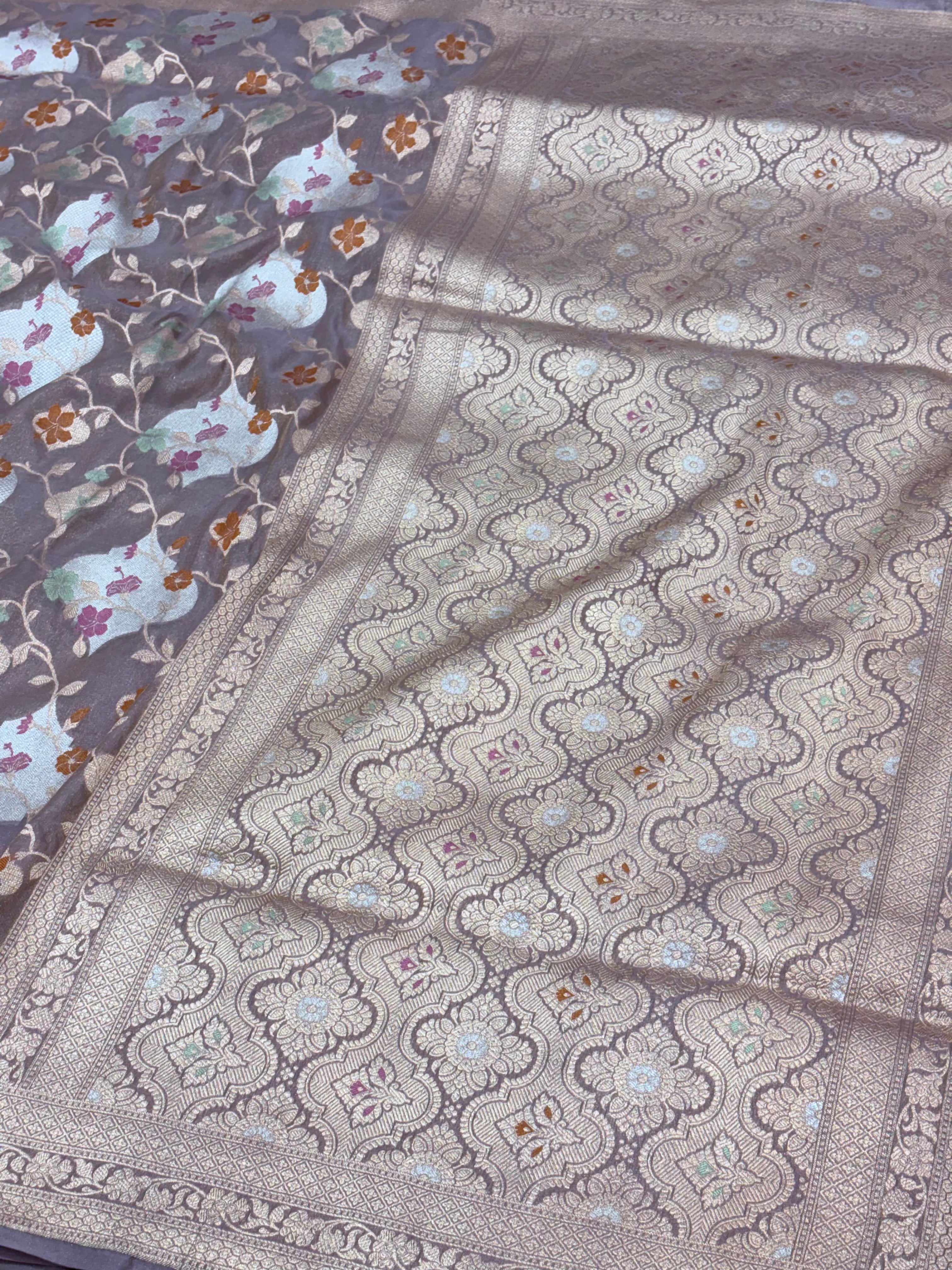 Pure Tissue Banarasi Jaal Weaving Saree with Tilfi Meenakari