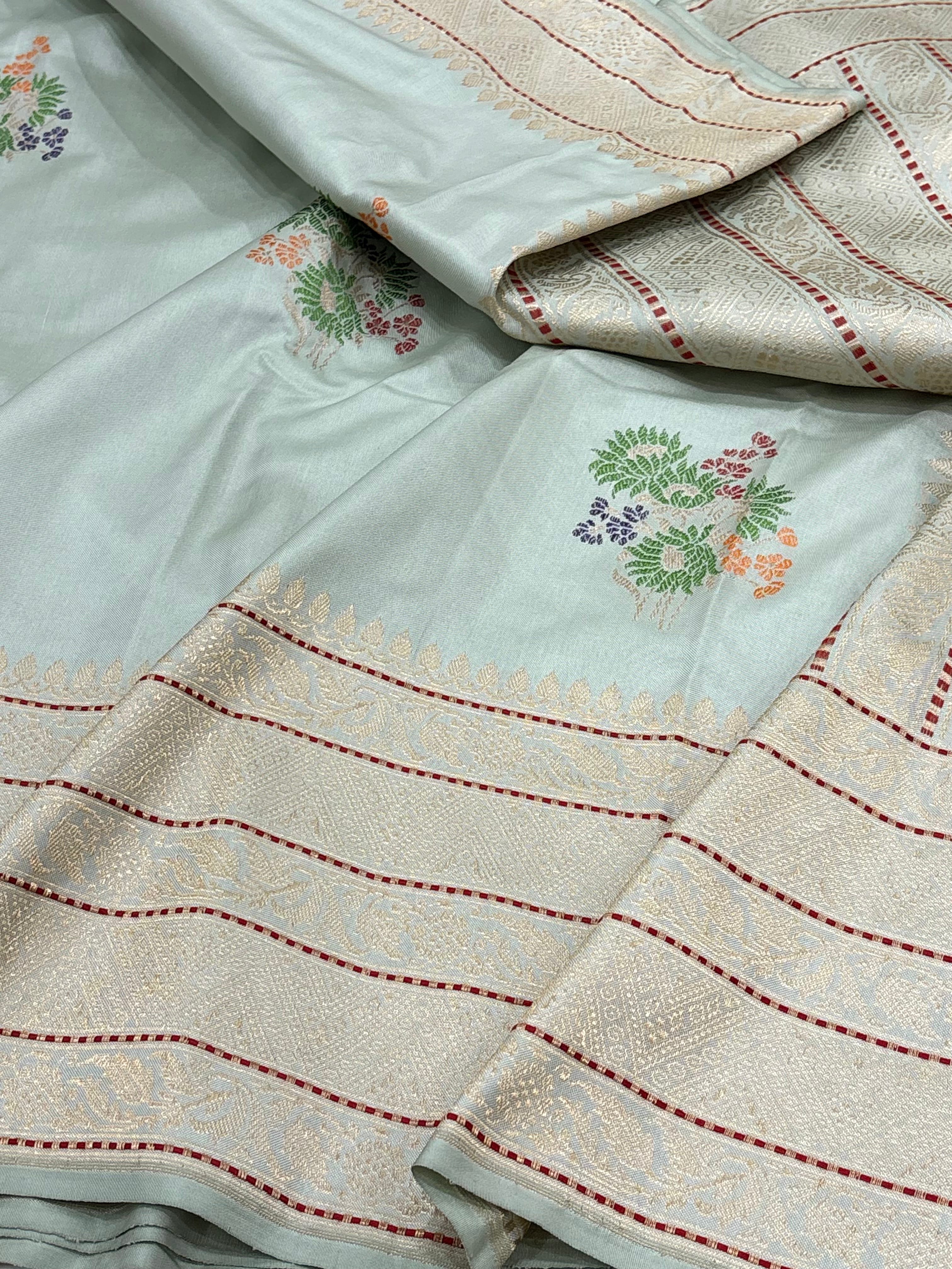 Teal Blue Handwoven Pure Katan Silk Iktara Banarasi Saree