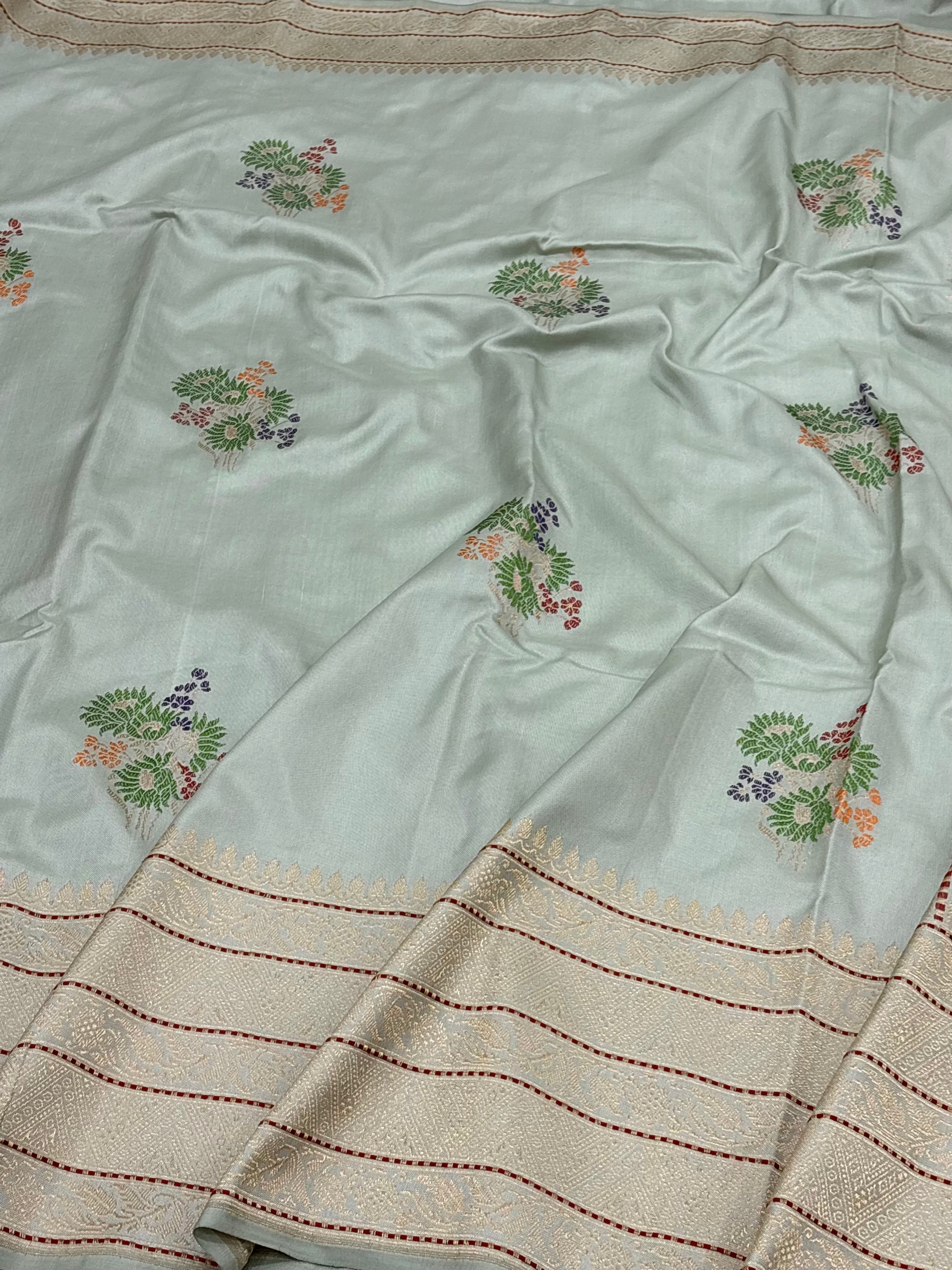 Teal Blue Handwoven Pure Katan Silk Iktara Banarasi Saree