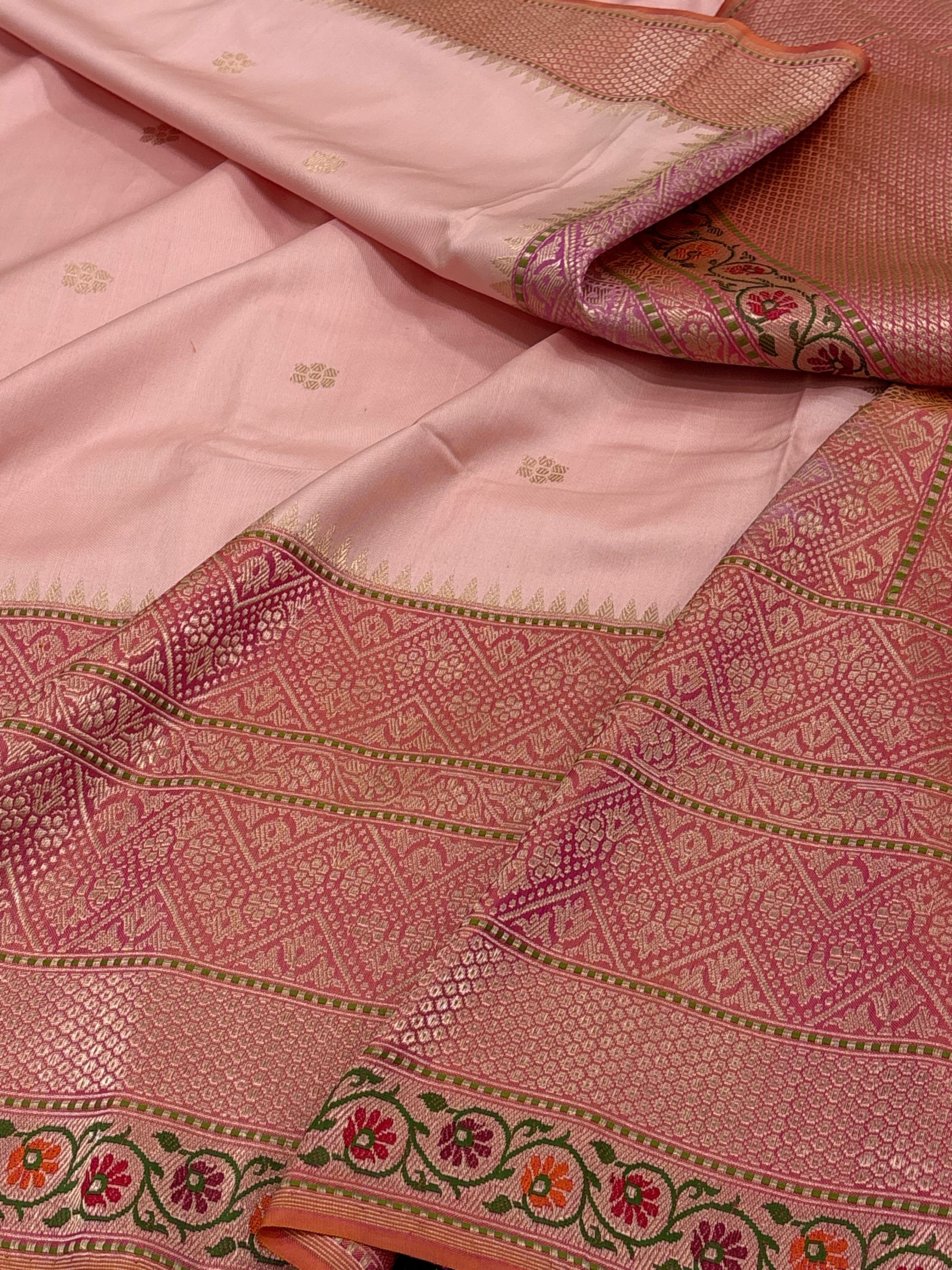 Baby Pink Handwoven Pure Katan Silk Iktara Banarasi Saree