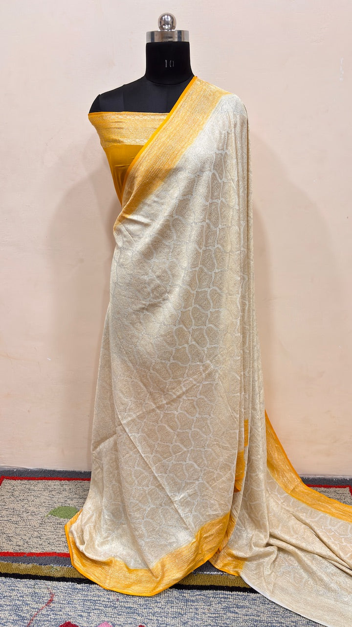 Ivory Banarasi Pure Chiffon Silk Saree