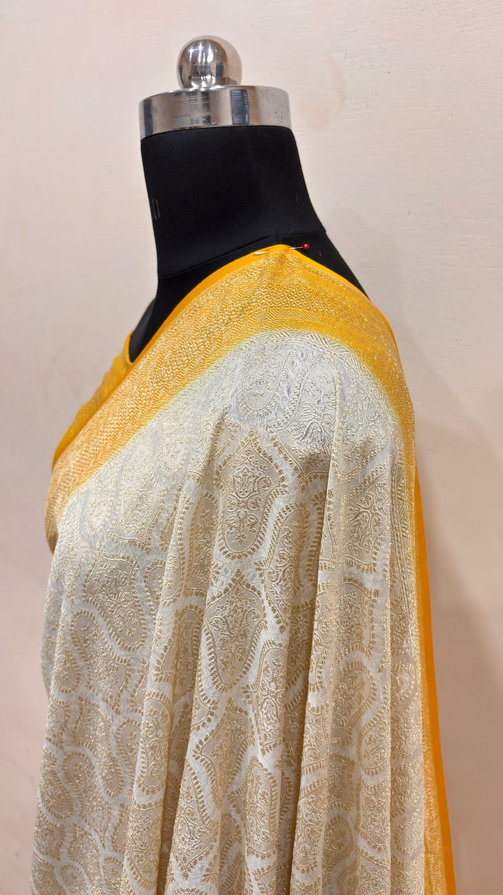 Ivory Banarasi Pure Chiffon Silk Saree