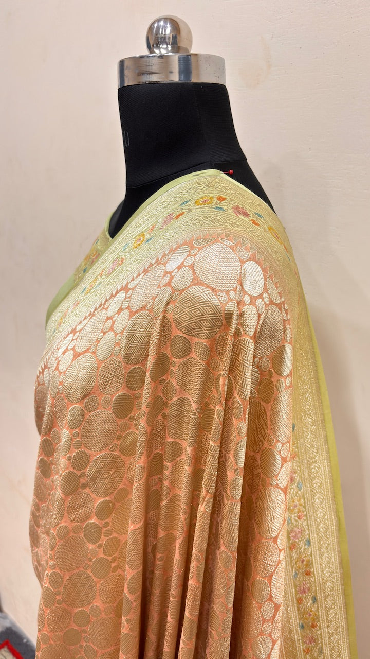 Peach Banarasi Pure Chiffon Silk Saree