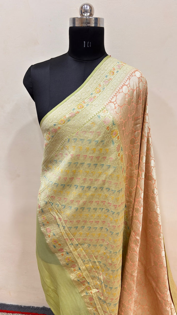 Peach Banarasi Pure Chiffon Silk Saree