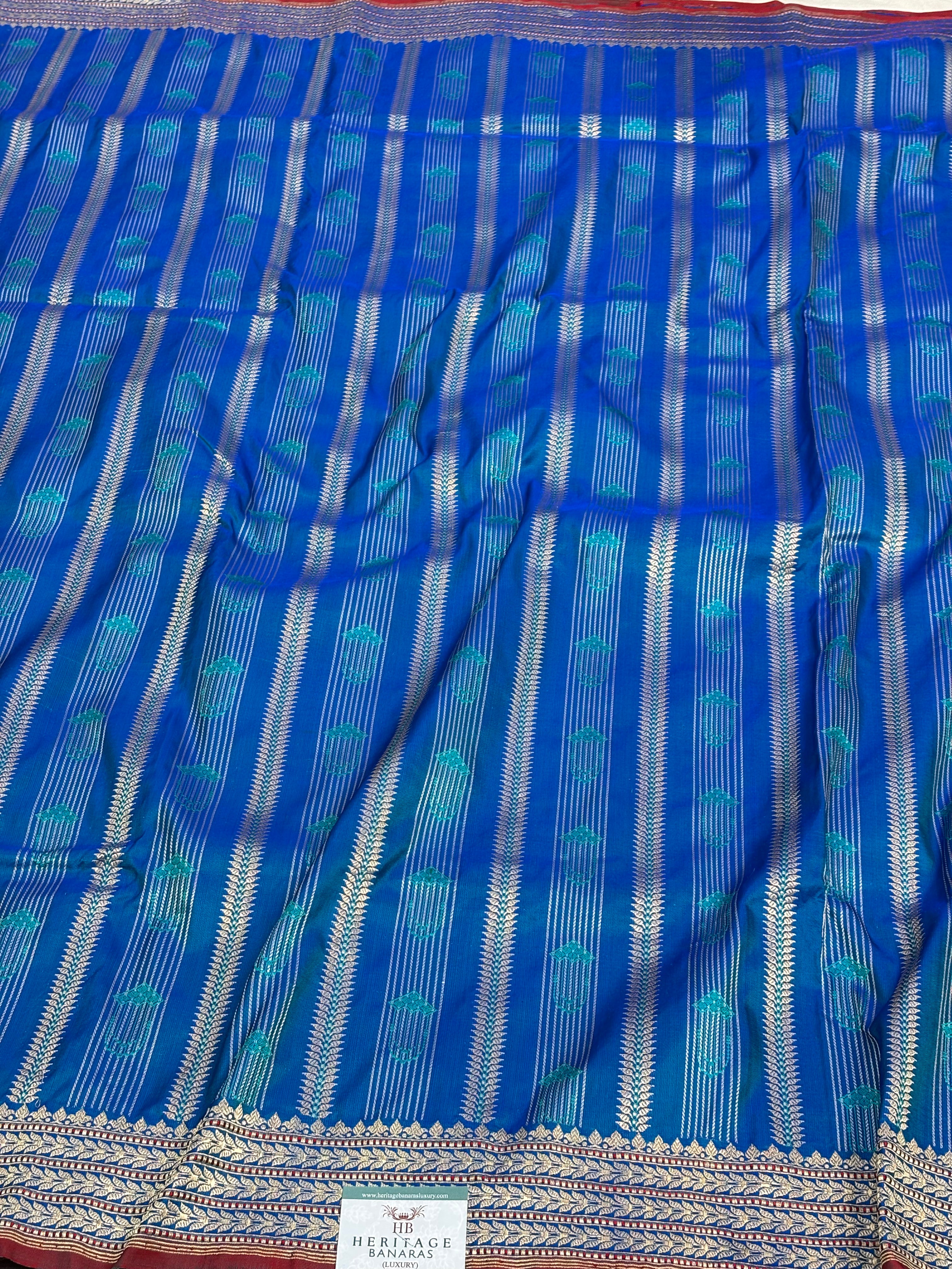 Royal Blue Handwoven Pure Katan Silk Striped Banarasi Saree