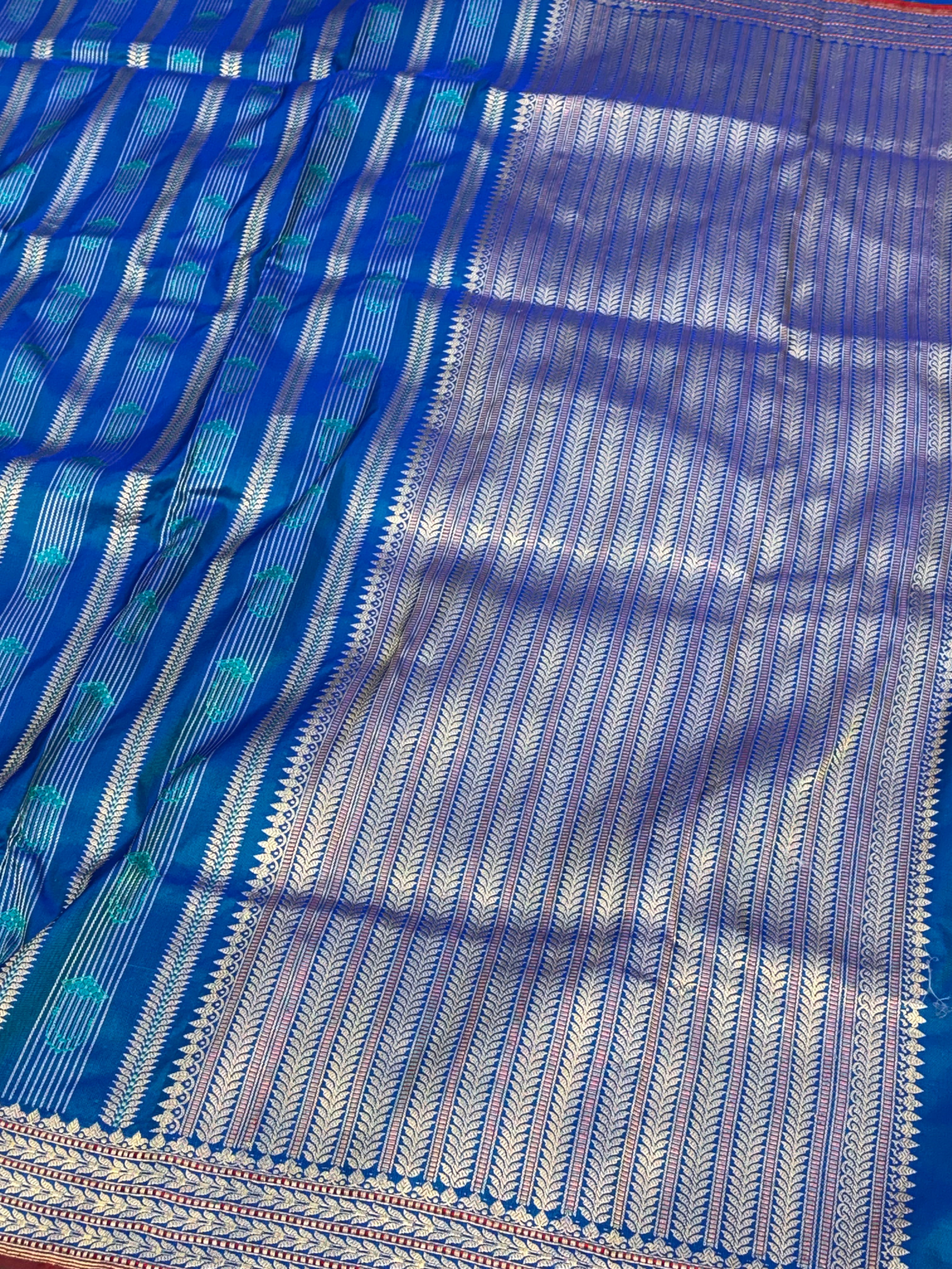 Royal Blue Handwoven Pure Katan Silk Striped Banarasi Saree
