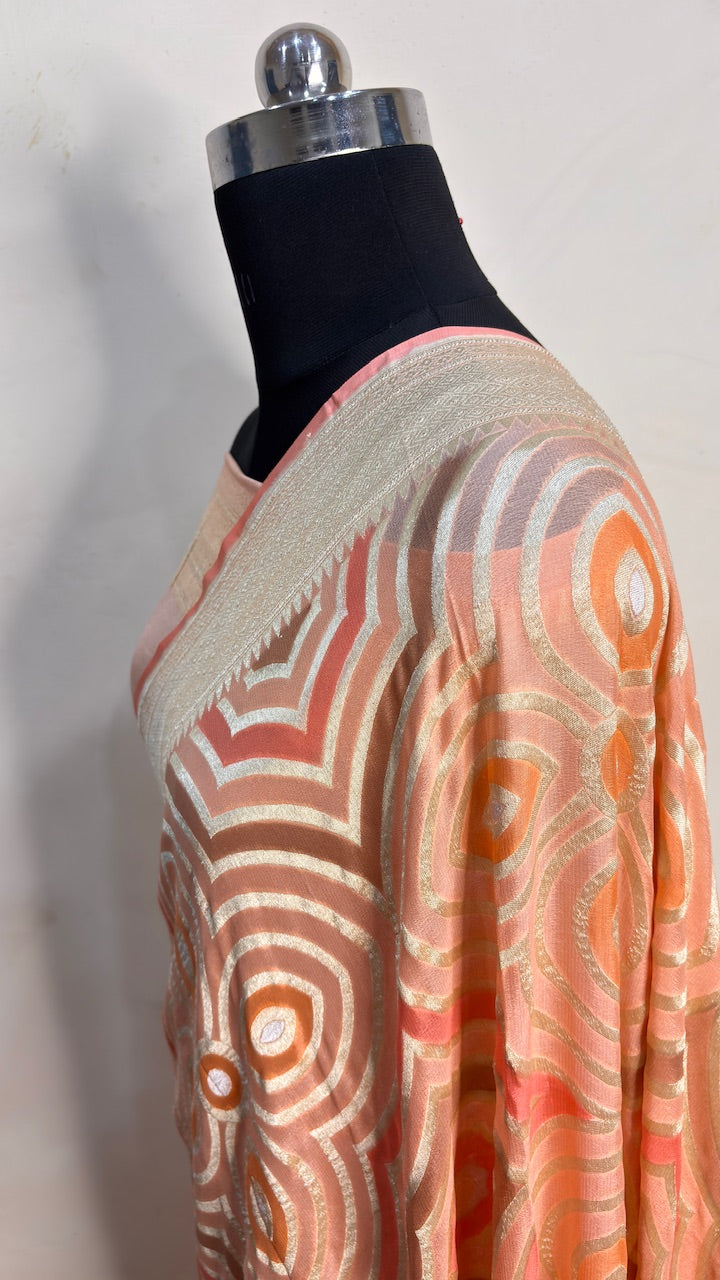 Peach Banarasi Pure Chiffon Silk Saree