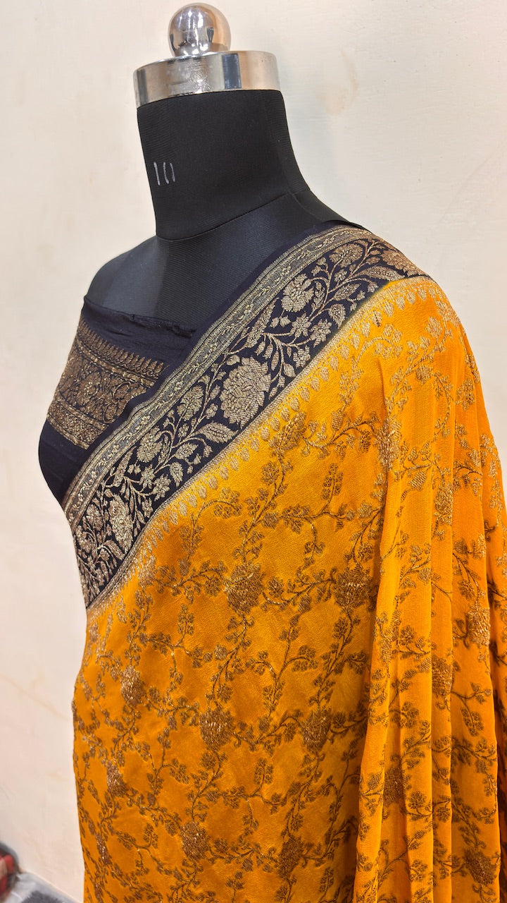 Yellow Banarasi Pure Chiffon Silk Saree