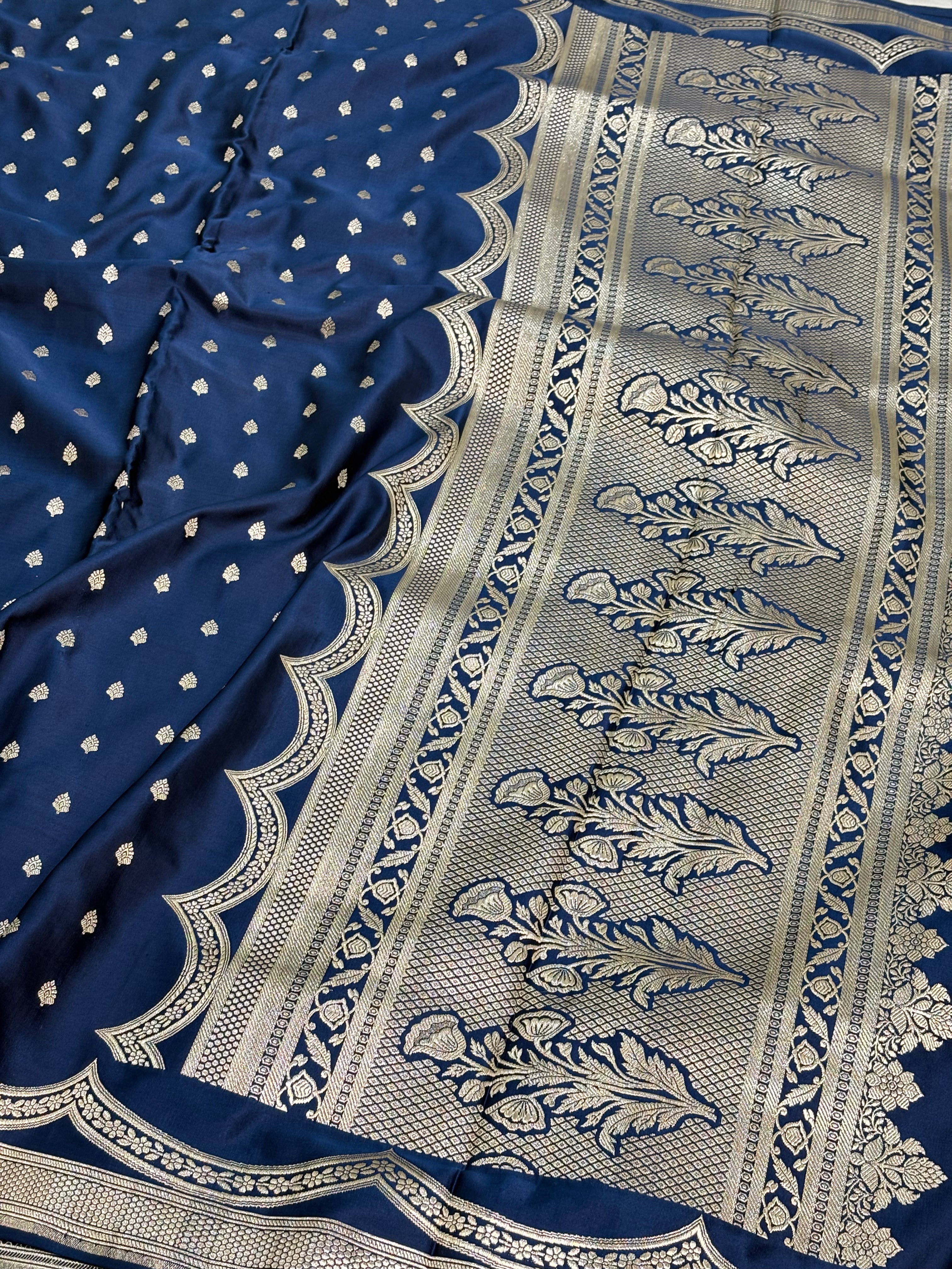 Blue Handwoven Vintage Pure Banarasi Satin Silk Saree