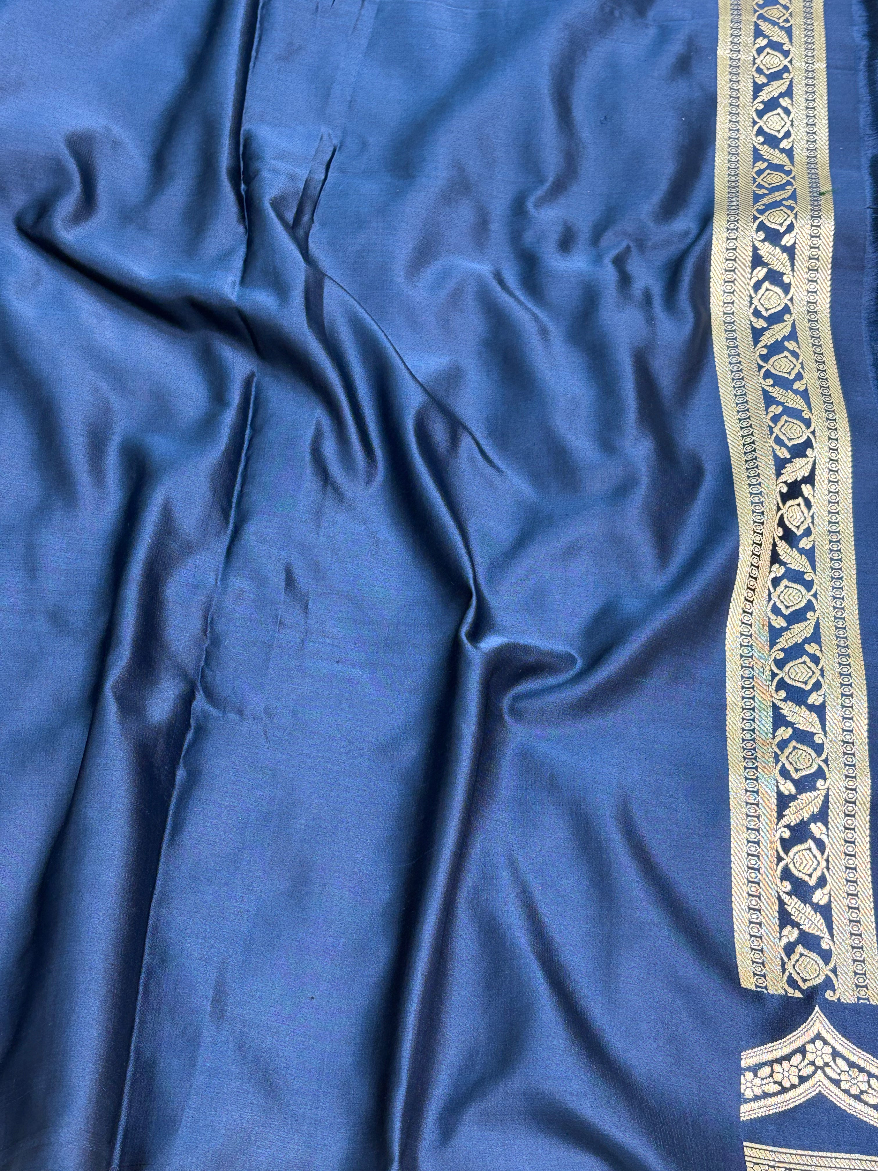 Blue Handwoven Vintage Pure Banarasi Satin Silk Saree