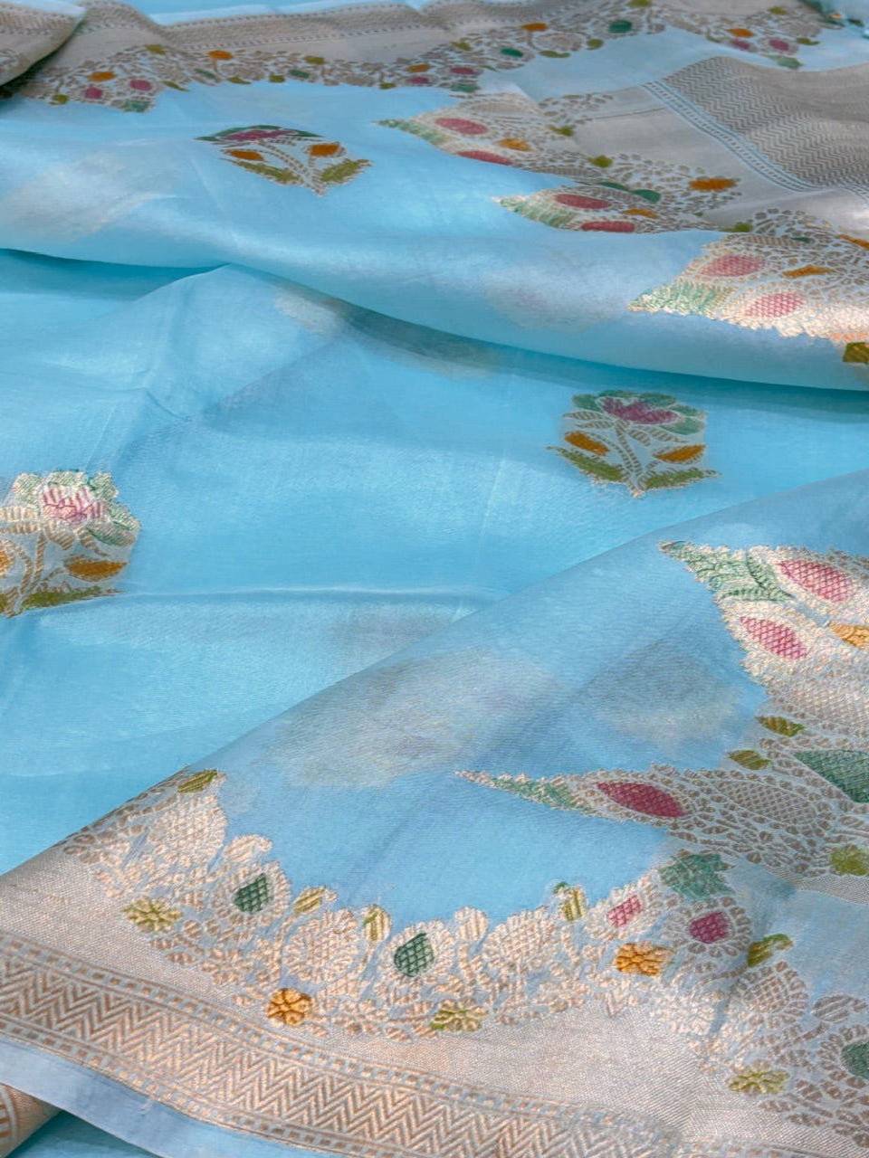 Aqua Blue Banarasi Kora Silk Saree