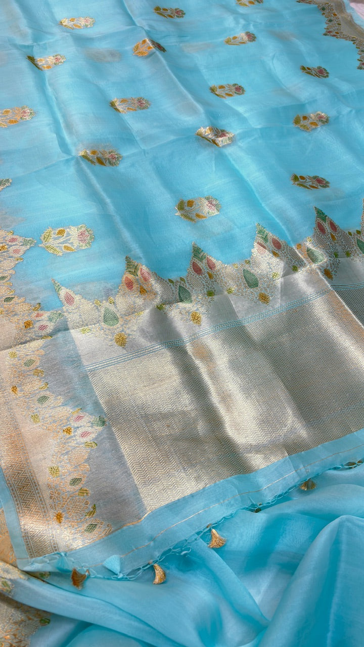Aqua Blue Banarasi Kora Silk Saree