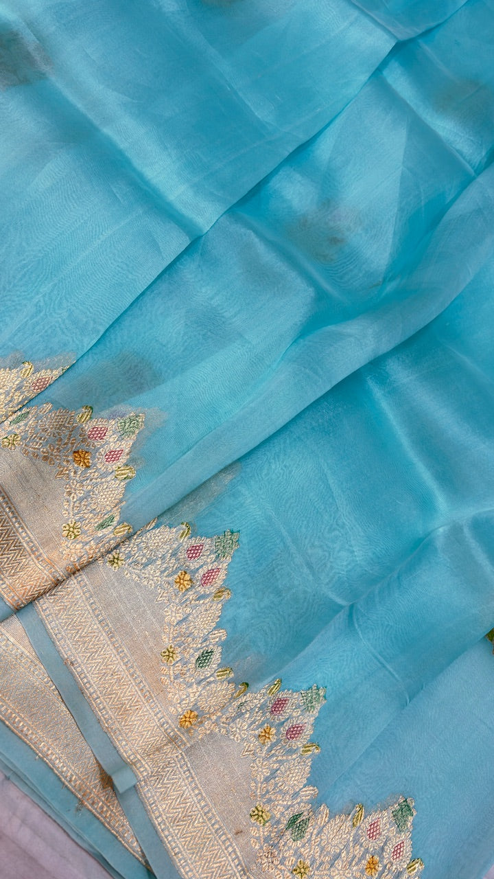 Aqua Blue Banarasi Kora Silk Saree