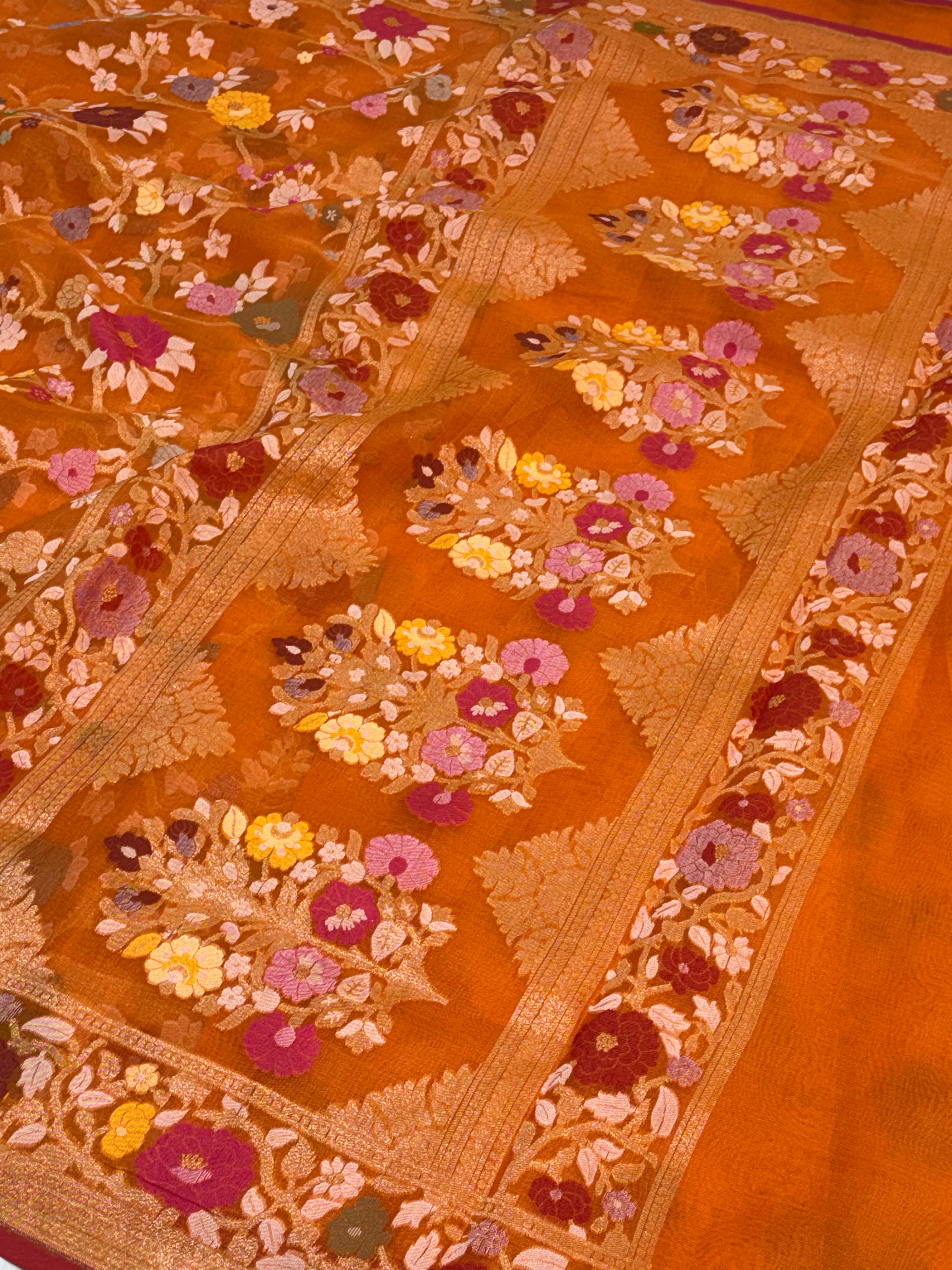 Orange Handwoven Pure Banarasi Organza Jamdani Saree