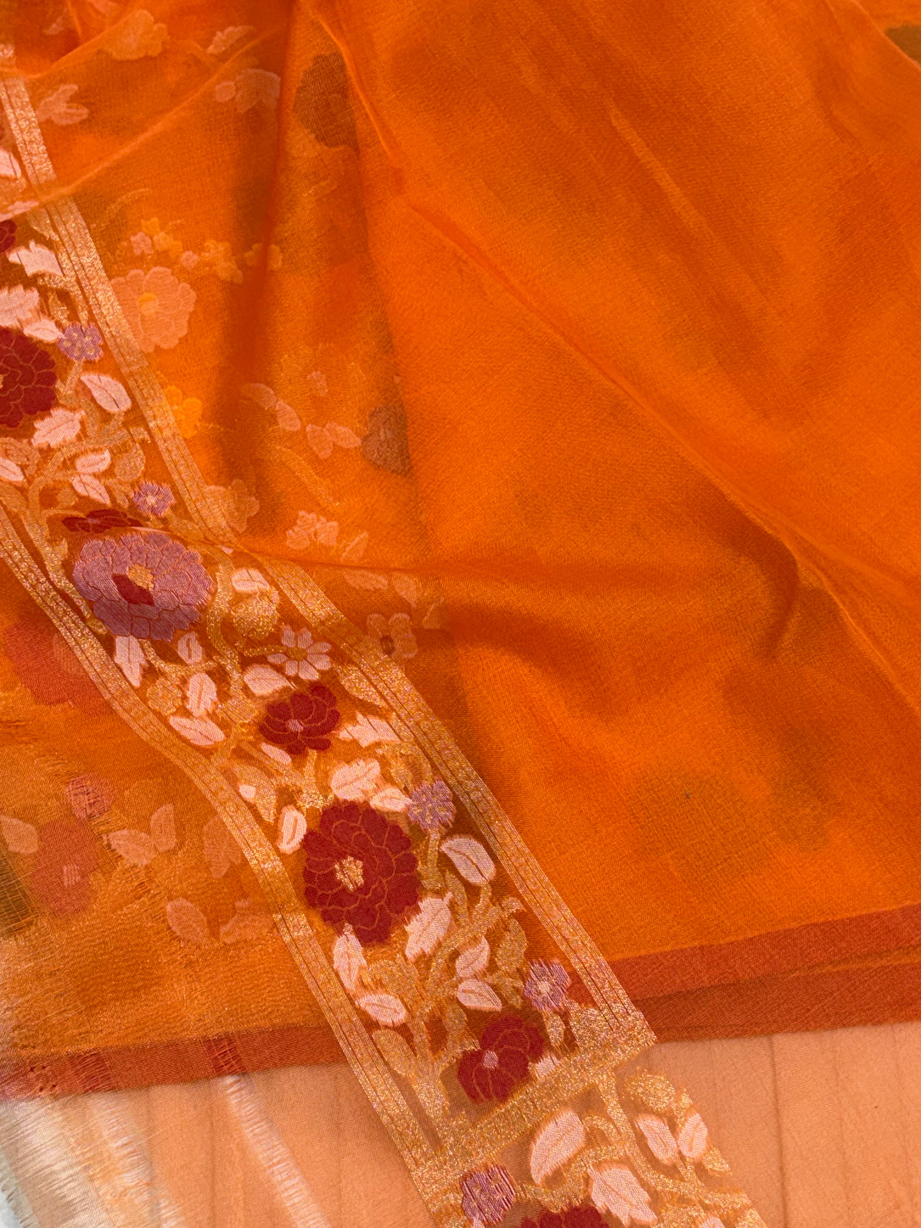 Orange Handwoven Pure Banarasi Organza Jamdani Saree