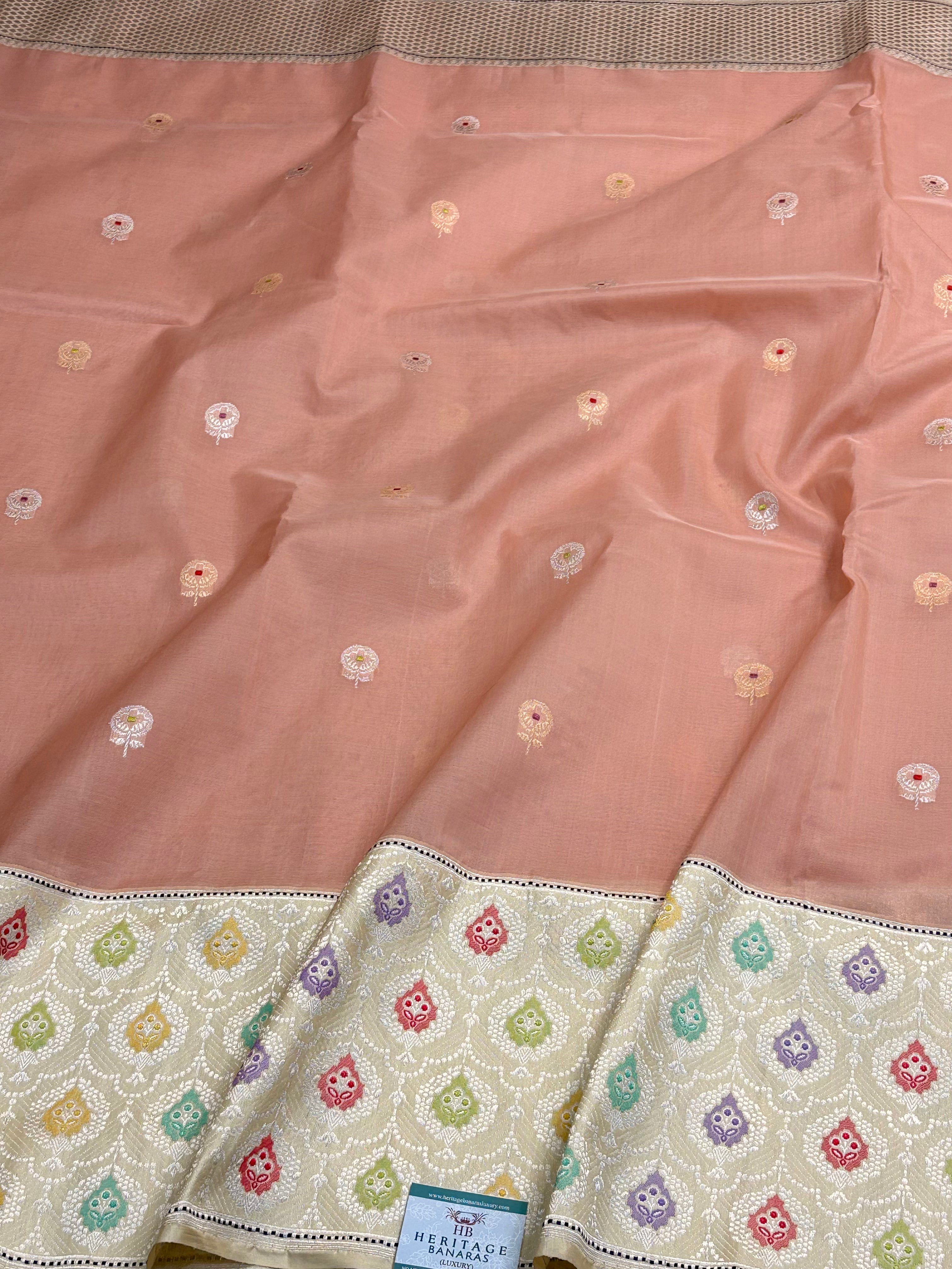 Light Peach Handwoven Pure Banarasi Organza Silk Saree with Kadiyal Border