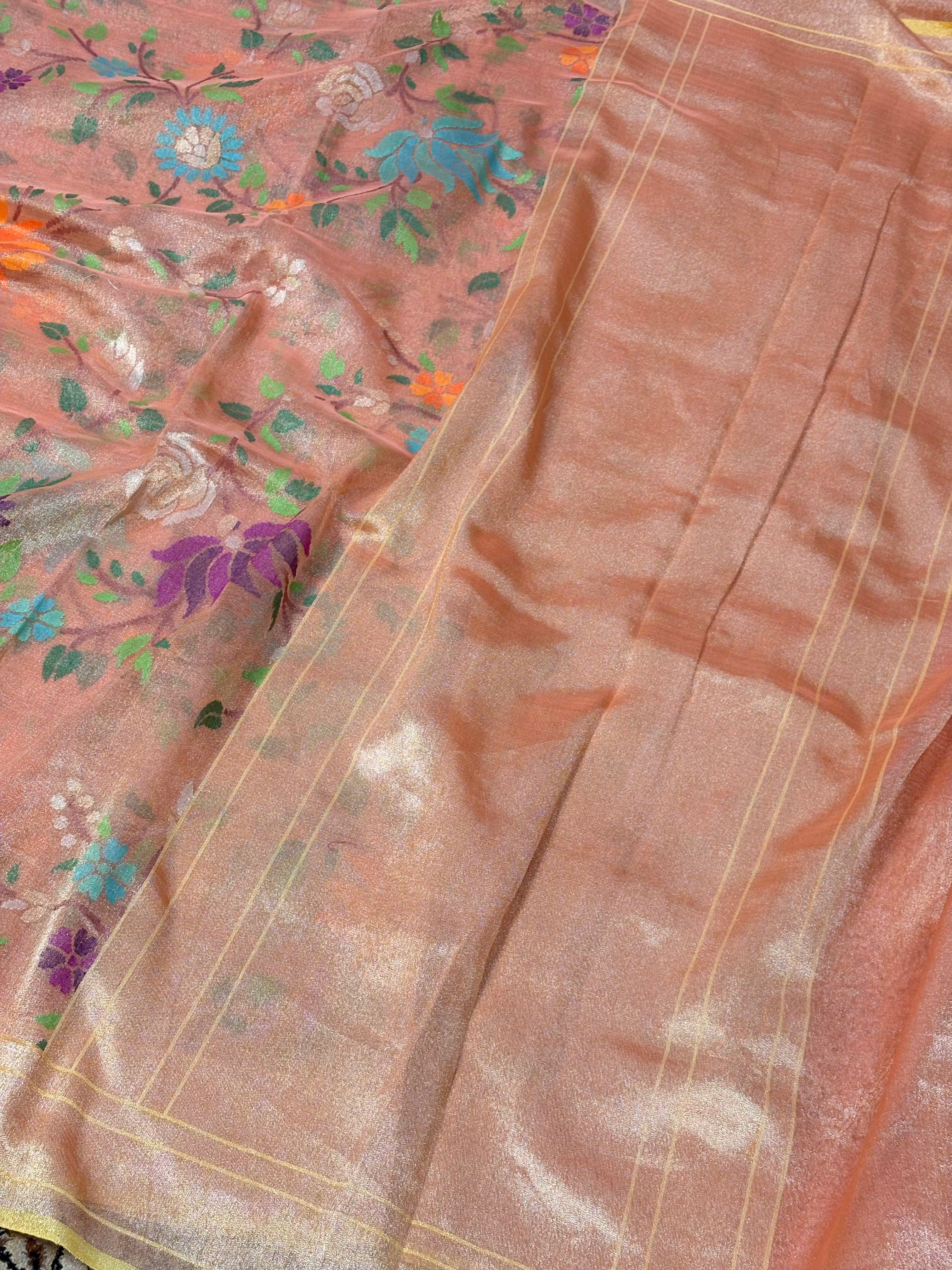 Peach Handwoven Real Zari Exclusive Pure Banarasi Tissue Jamdani Saree