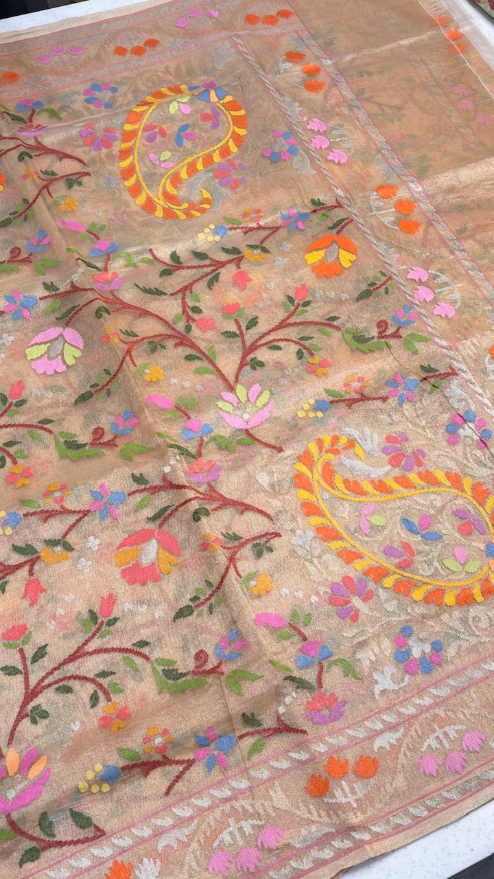Rose Pink Pure Banarasi Tissue Handwoven Saree with Real Zari