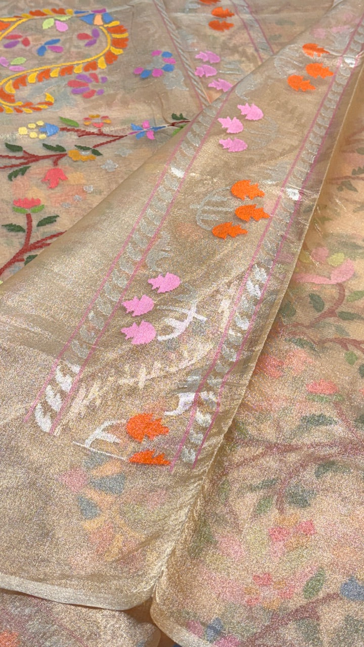 Rose Pink Pure Banarasi Tissue Handwoven Saree with Real Zari