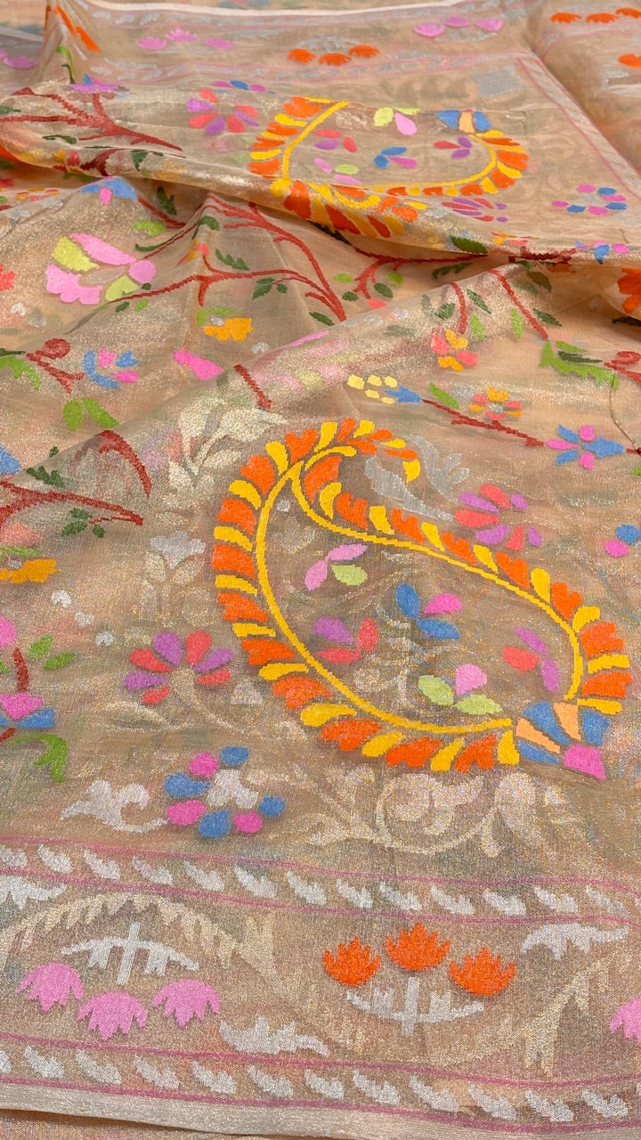 Rose Pink Pure Banarasi Tissue Handwoven Saree with Real Zari